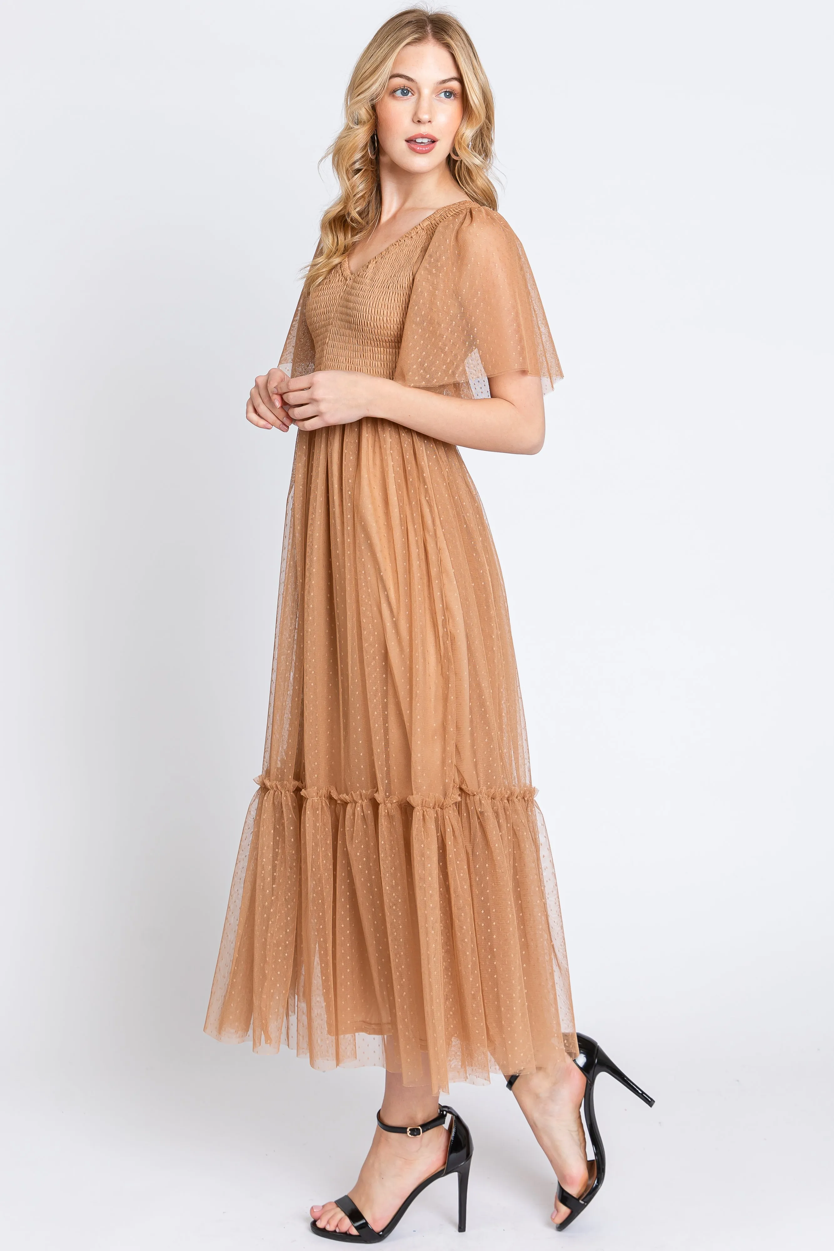 Camel Dotted Tulle Smocked Midi Dress sold by Pinkblush product image thumbnail 3