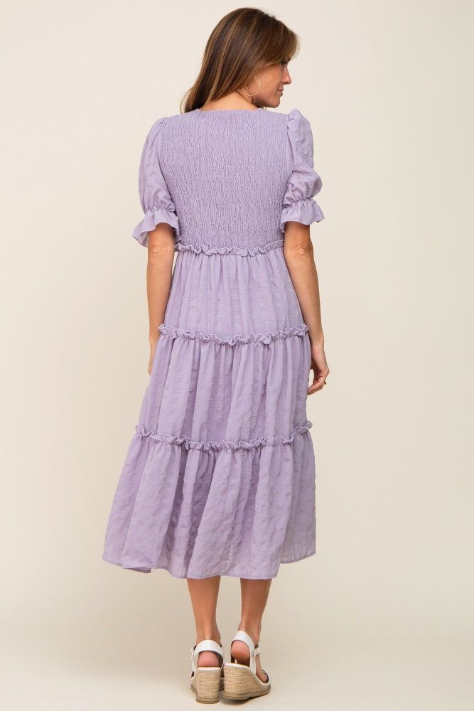 Lavender Smocked Puff Sleeve Tiered Midi Dress sold by Pinkblush product image thumbnail 3