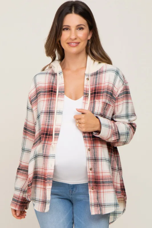 Rust Plaid Hooded Maternity Shirt Jacket sold by Pinkblush