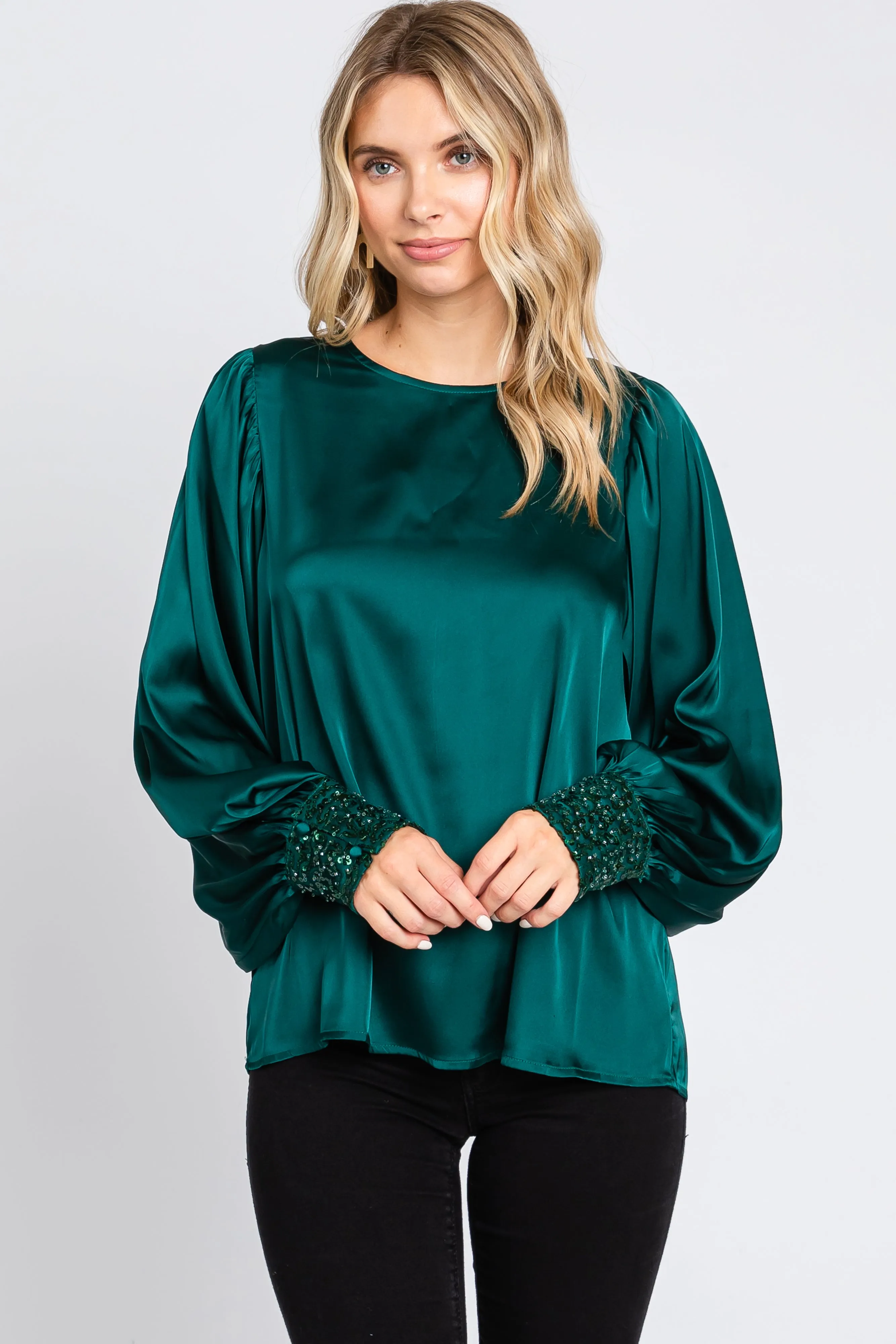 Forest Green Satin Sequin Cuff Maternity Blouse sold by Pinkblush product image thumbnail 5