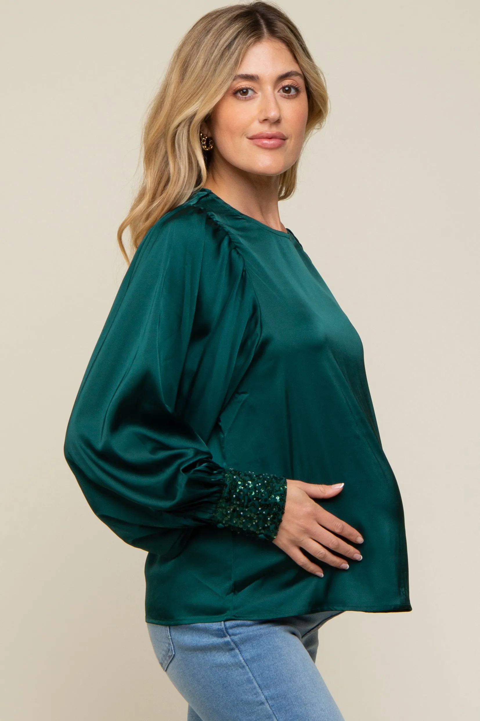 Forest Green Satin Sequin Cuff Maternity Blouse sold by Pinkblush product image thumbnail 2