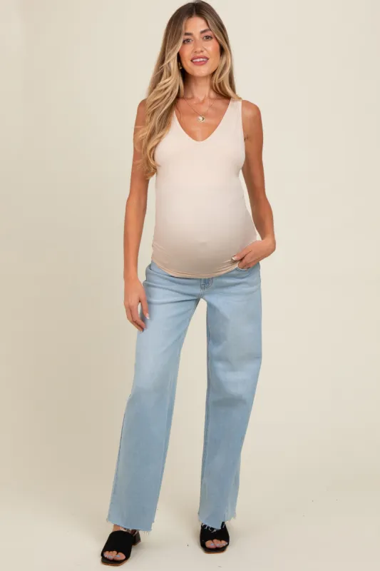 Light Blue Unfinished Hem Wide Leg Maternity Jeans sold by Pinkblush