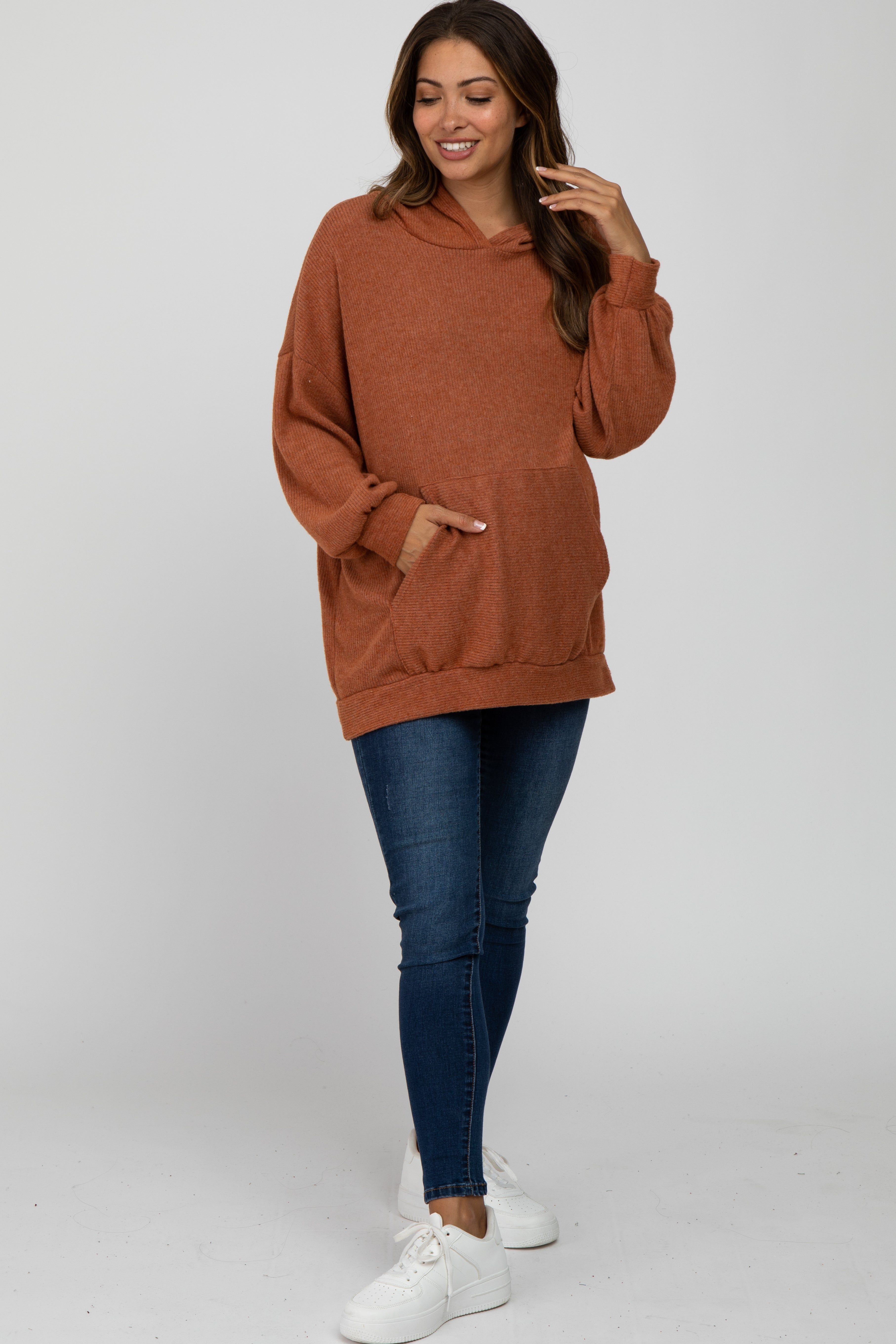 Rust Brushed Ribbed Maternity Hooded Top sold by Pinkblush product image thumbnail 2