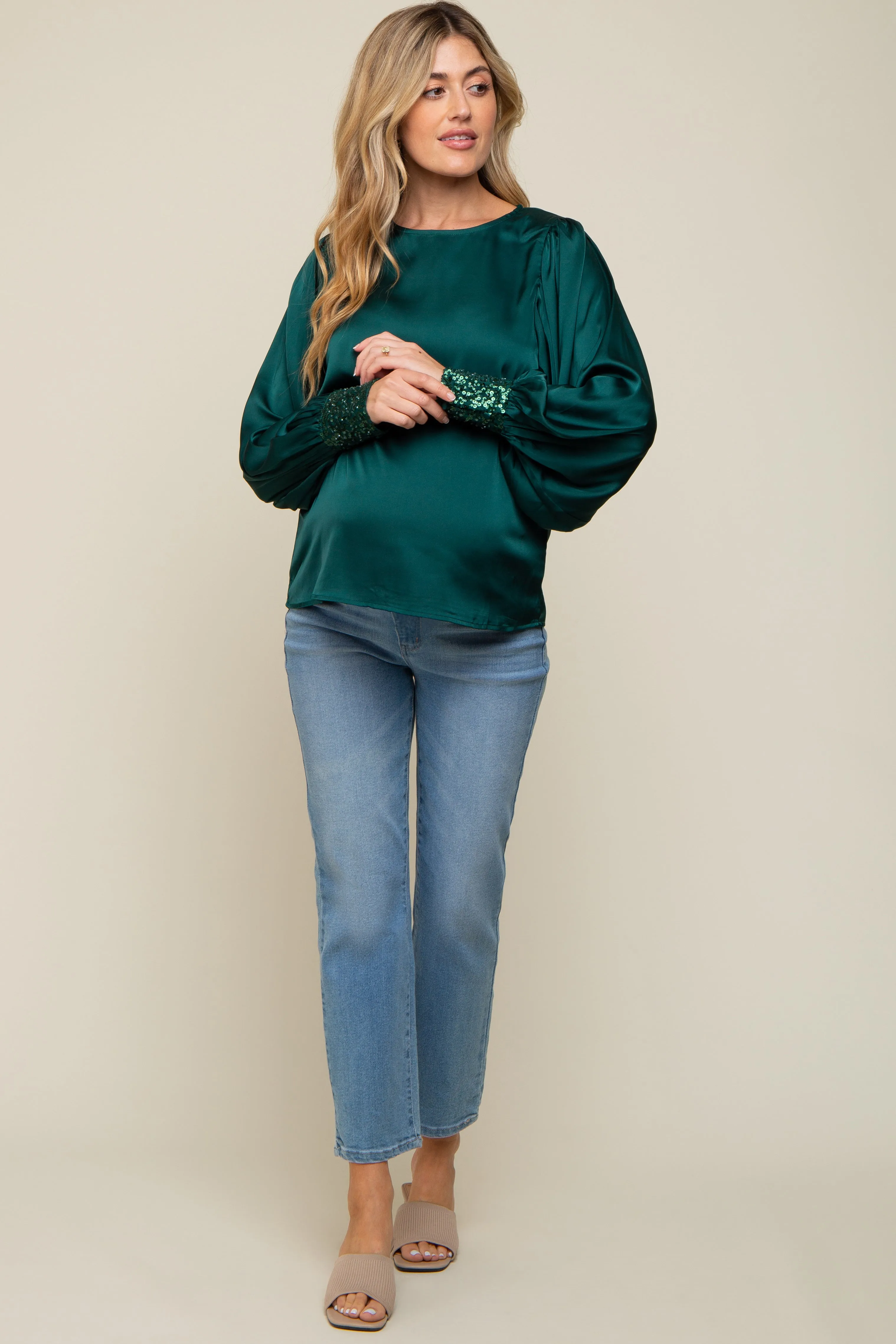 Forest Green Satin Sequin Cuff Maternity Blouse sold by Pinkblush product image thumbnail 4