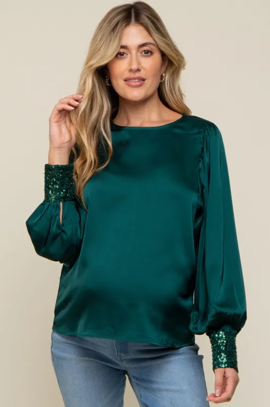 Forest Green Satin Sequin Cuff Maternity Blouse sold by Pinkblush