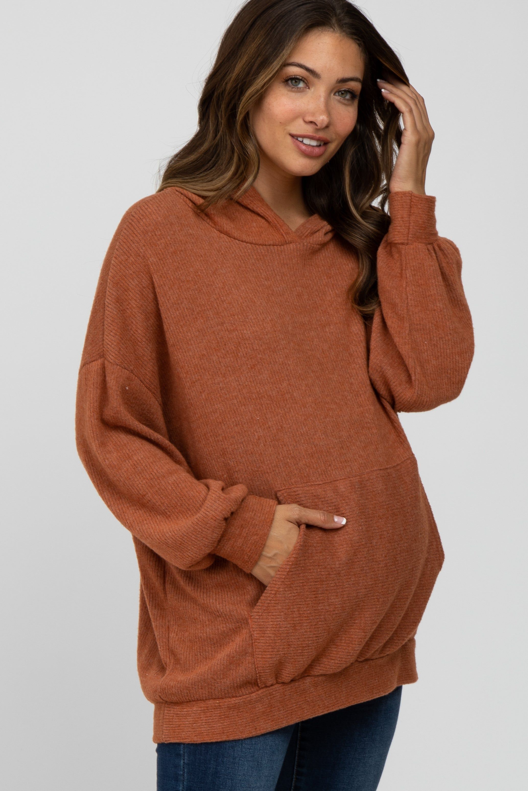 Rust Brushed Ribbed Maternity Hooded Top sold by Pinkblush