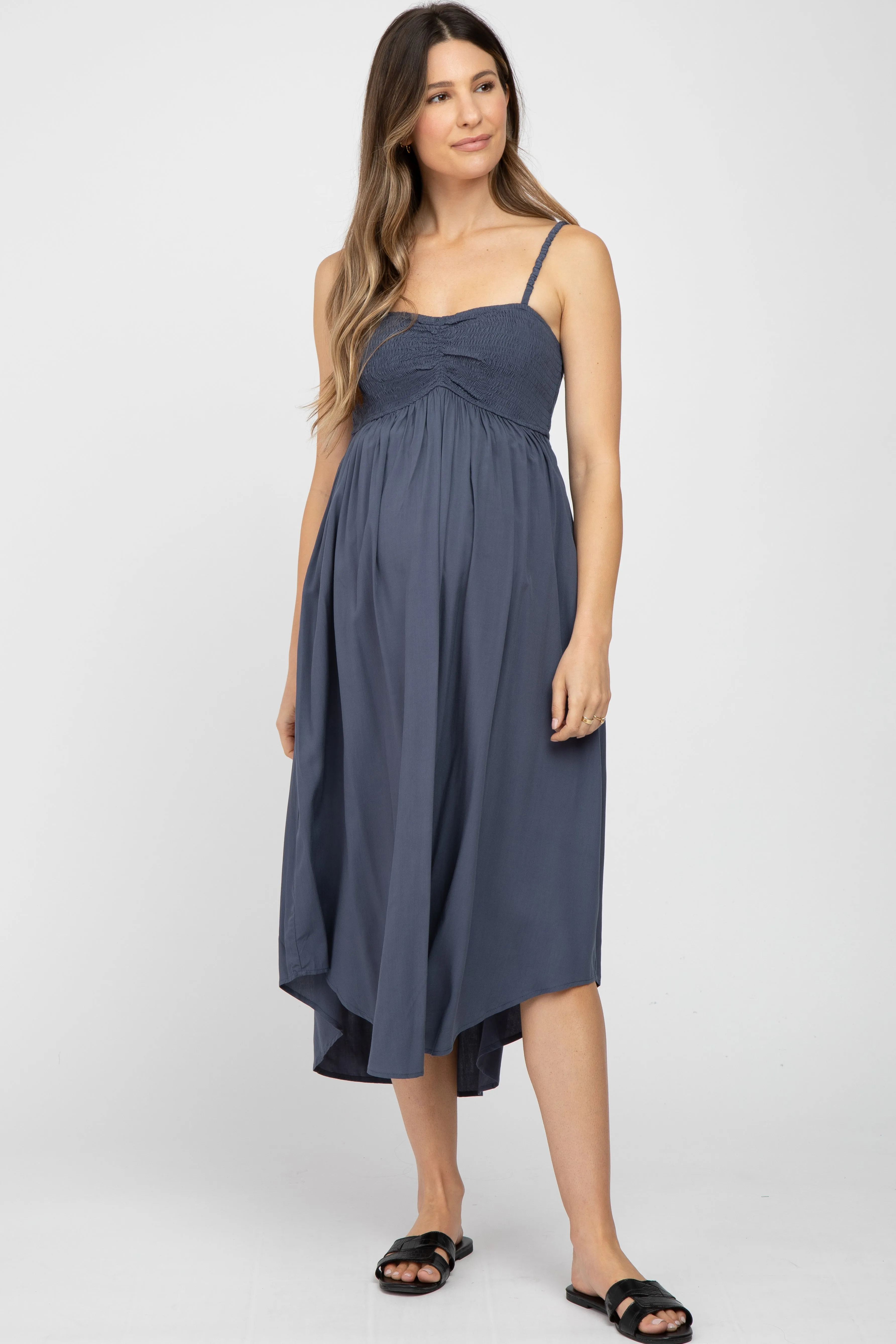 Navy Maternity Smocked Maternity Midi Dress sold by Pinkblush