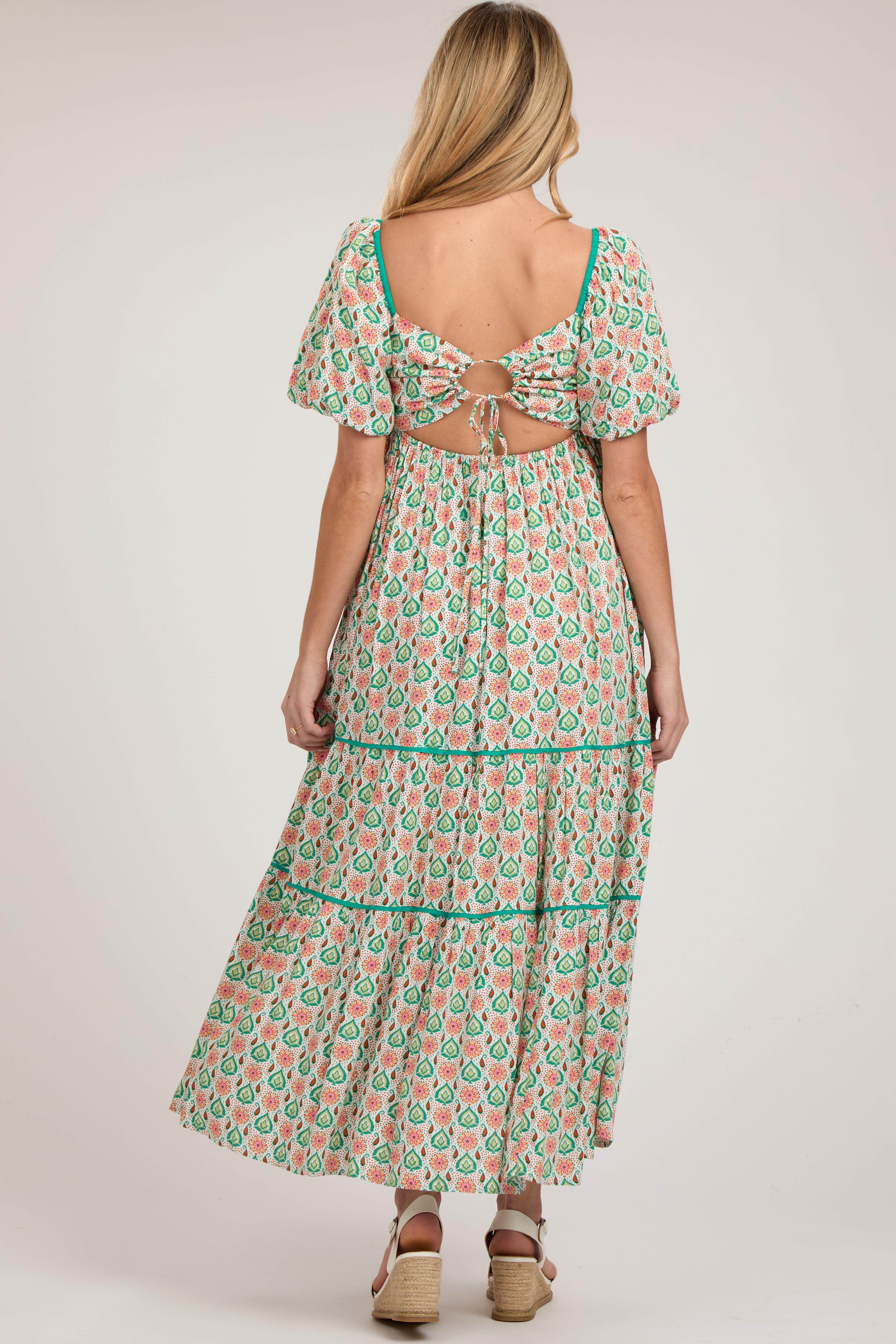 Green Floral Print Puff Sleeve Maternity Maxi Dress sold by Pinkblush product image thumbnail 3
