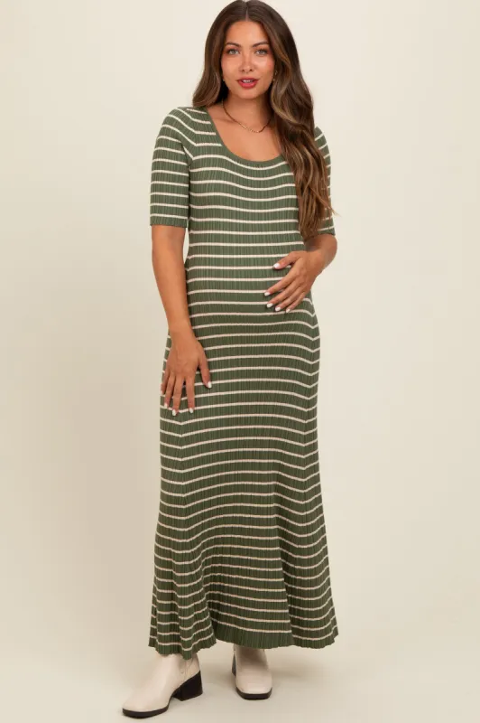 Olive Striped Ribbed Short Sleeve Maternity Maxi Dress sold by Pinkblush