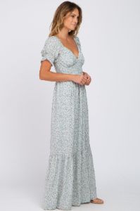Mint Green Floral V-Neck Puff Sleeve Maxi Dress sold by Pinkblush