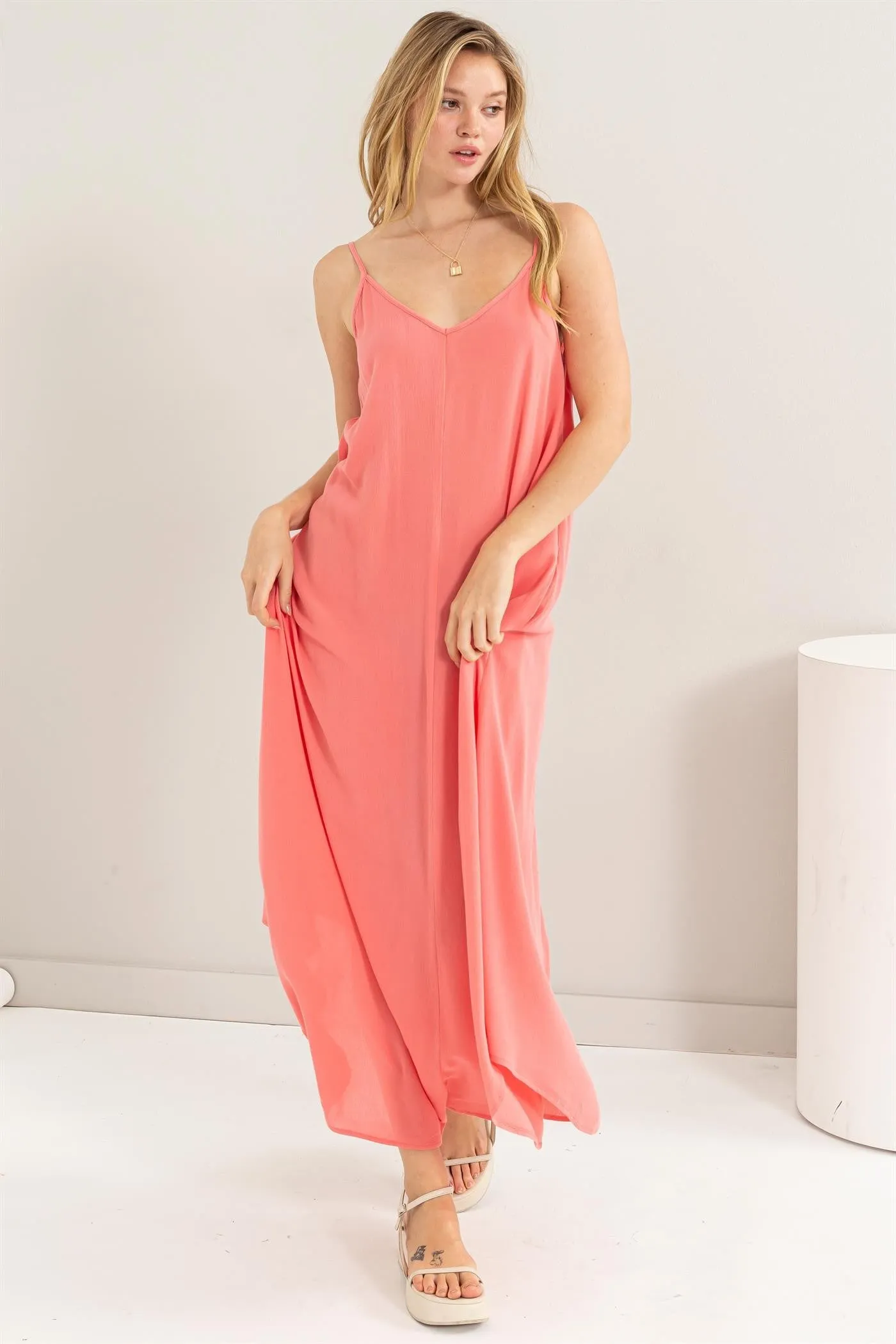 Coral Lightweight Sleeveless V-Neck Maxi Dress sold by Pinkblush
