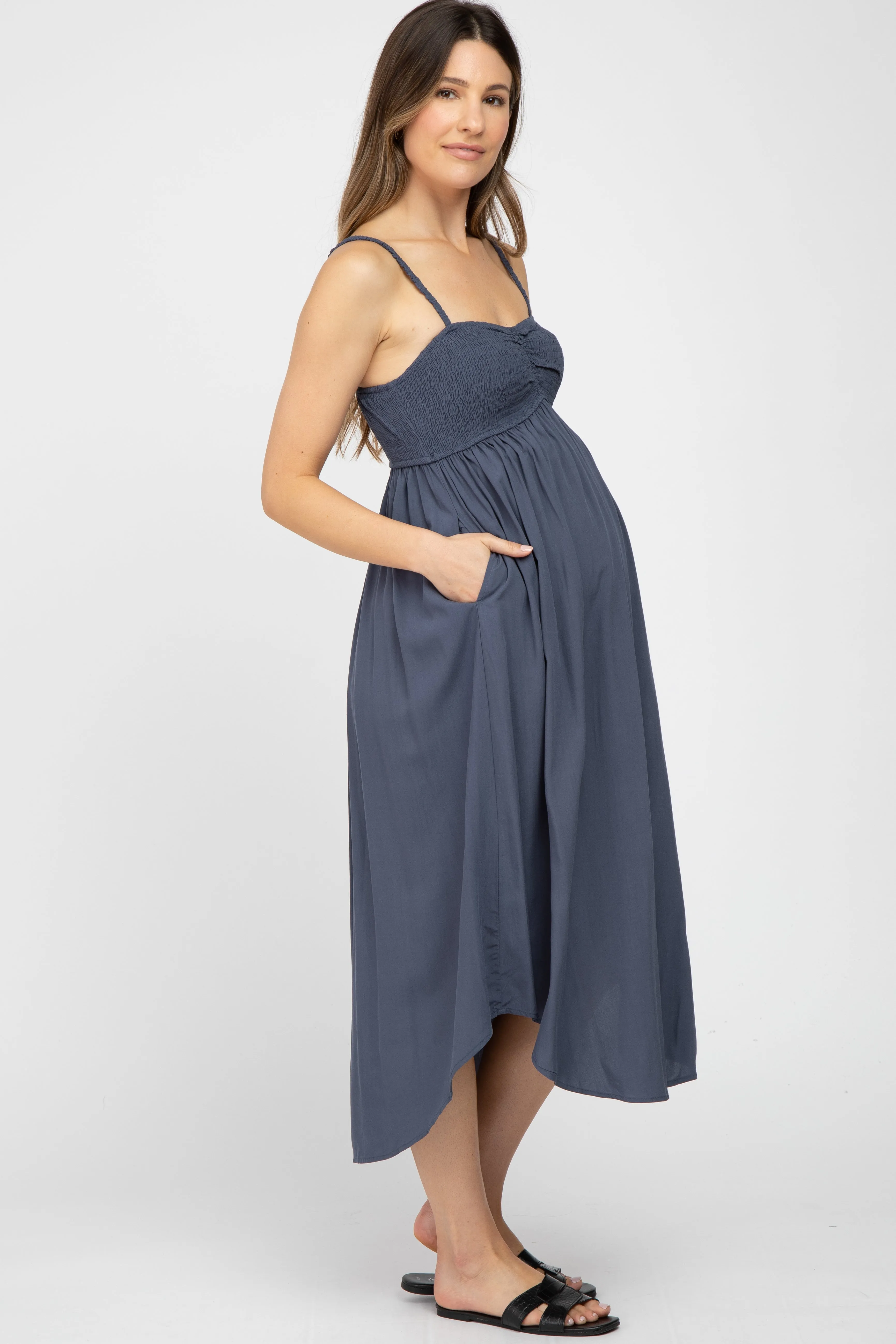 Navy Maternity Smocked Maternity Midi Dress sold by Pinkblush product image thumbnail 2