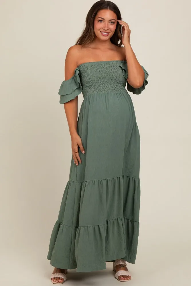 Olive Smocked Ruffle Off Shoulder Tiered Maternity Maxi Dress sold by Pinkblush