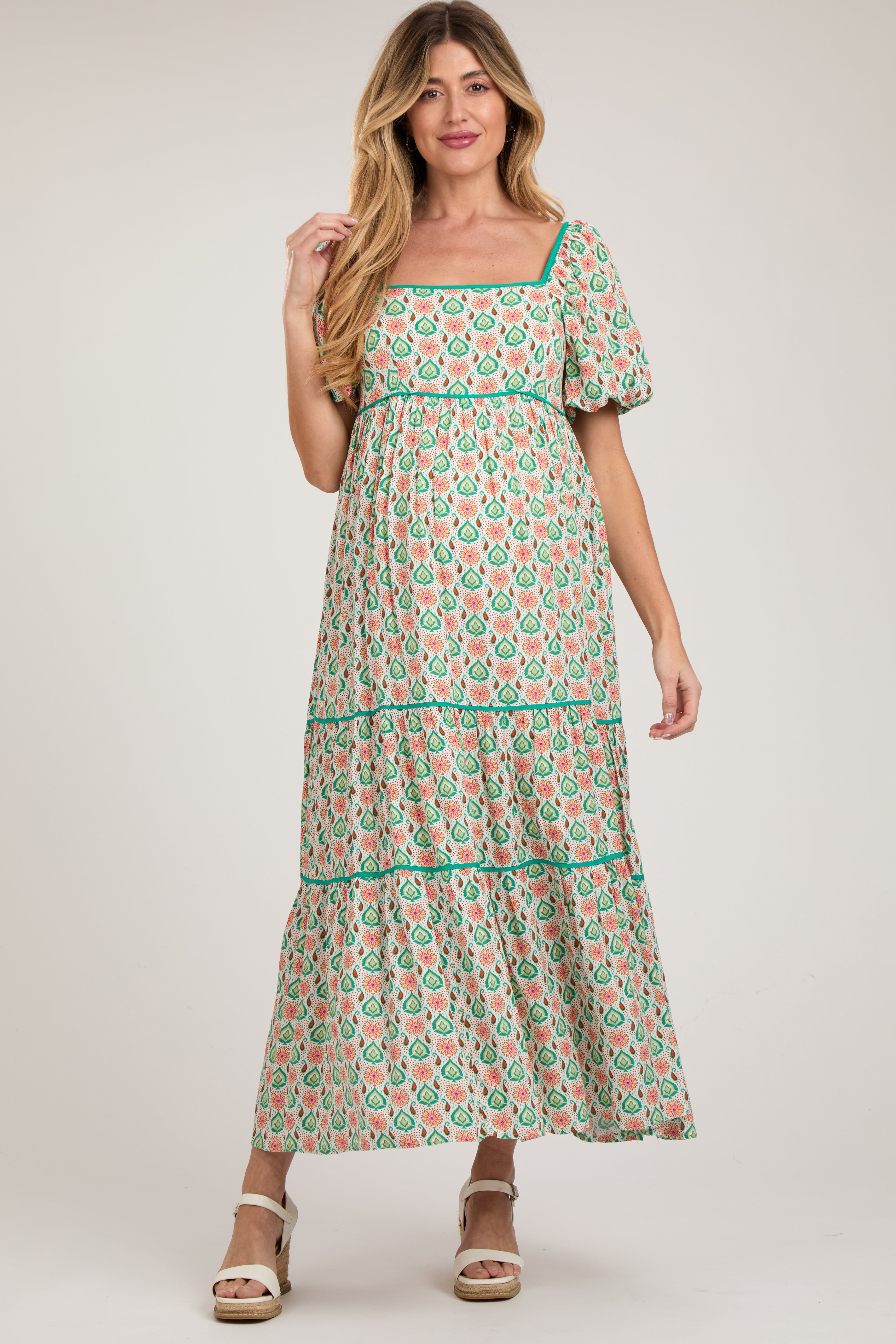 Green Floral Print Puff Sleeve Maternity Maxi Dress sold by Pinkblush