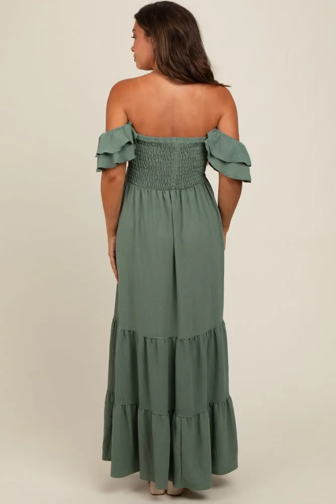 Olive Smocked Ruffle Off Shoulder Tiered Maternity Maxi Dress sold by Pinkblush product image thumbnail 2