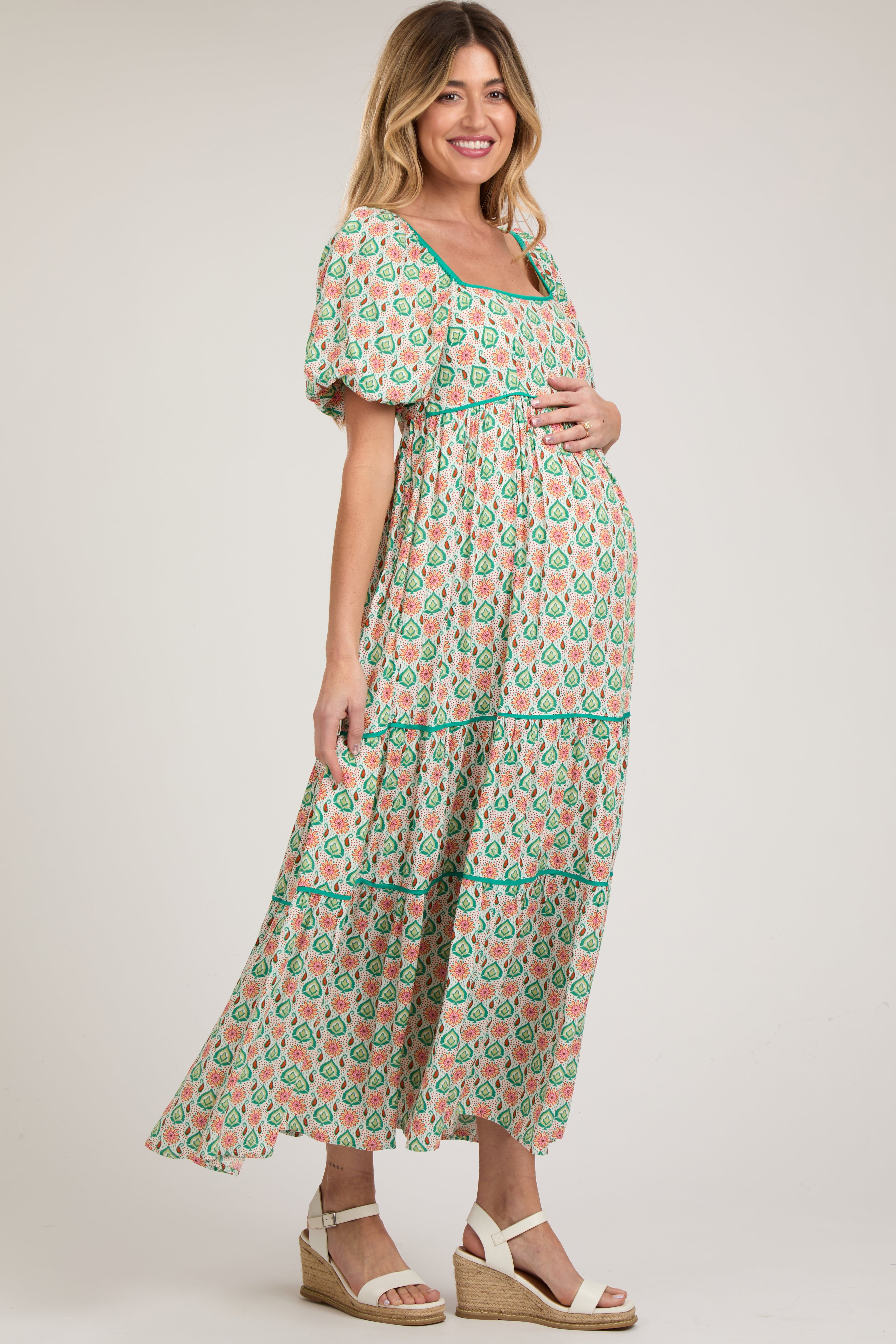 Green Floral Print Puff Sleeve Maternity Maxi Dress sold by Pinkblush product image thumbnail 2