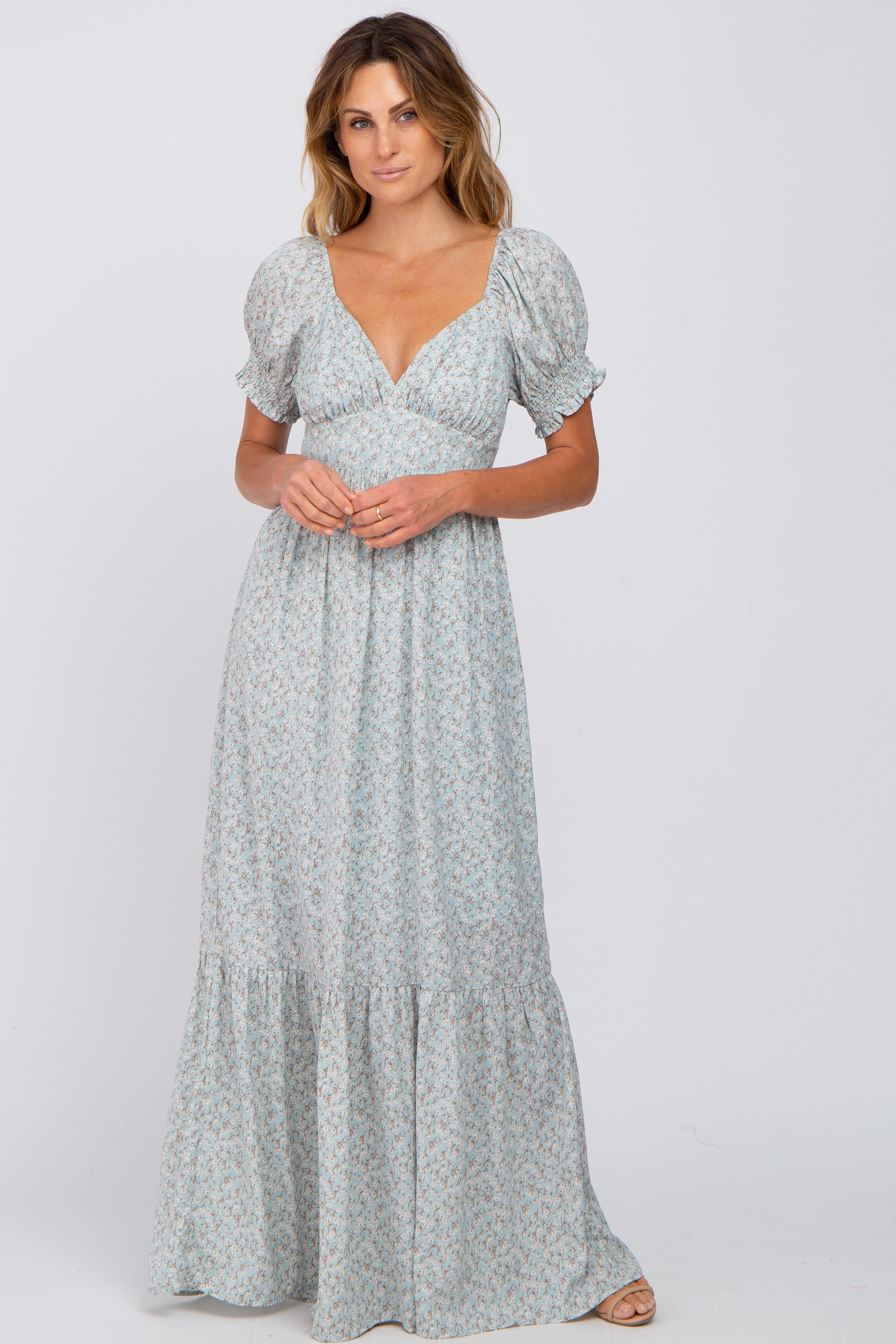 Mint Green Floral V-Neck Puff Sleeve Maxi Dress sold by Pinkblush product image thumbnail 4