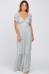 Mint Green Floral V-Neck Puff Sleeve Maxi Dress sold by Pinkblush