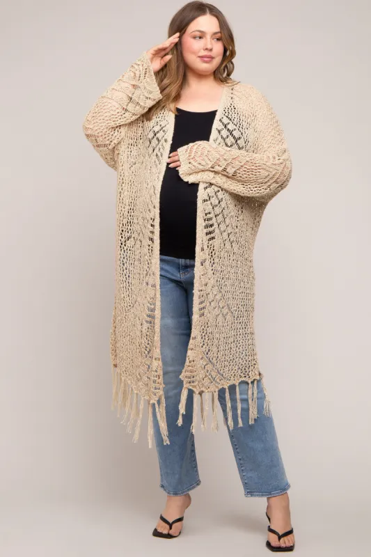 Beige Crochet Fringe Hem Maternity Plus Cardigan sold by Pinkblush