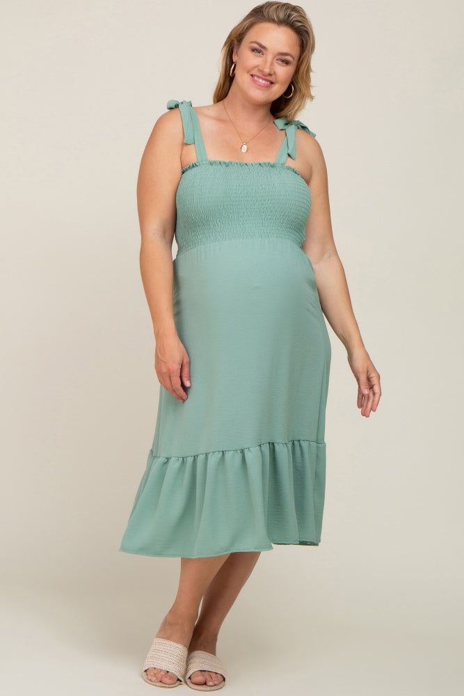 Sage Smocked Shoulder Tie Maternity Plus Midi Dress sold by Pinkblush