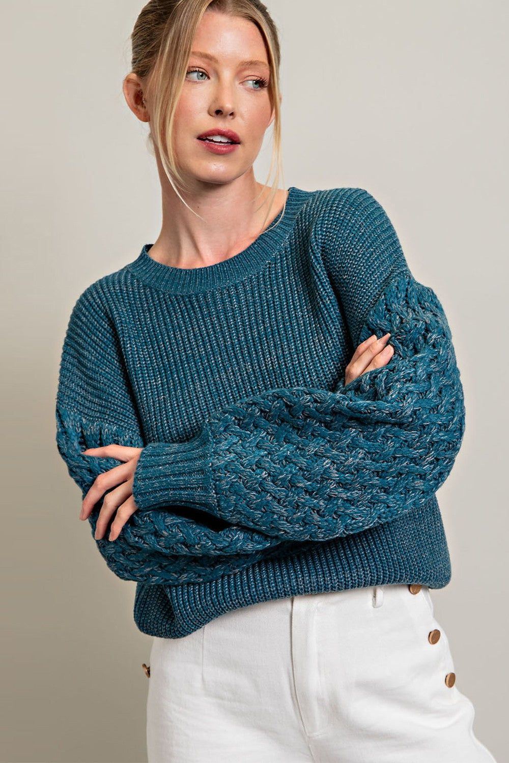 Teal Braided Sleeve Sweater sold by Pinkblush product image thumbnail 2