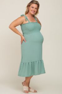 Sage Smocked Shoulder Tie Maternity Plus Midi Dress sold by Pinkblush