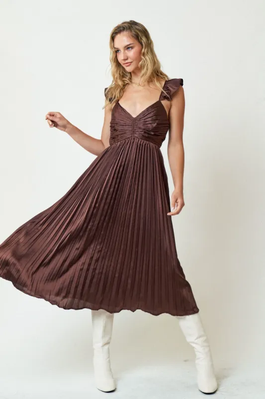 Brown Sleeveless Pleated Dress sold by Pinkblush