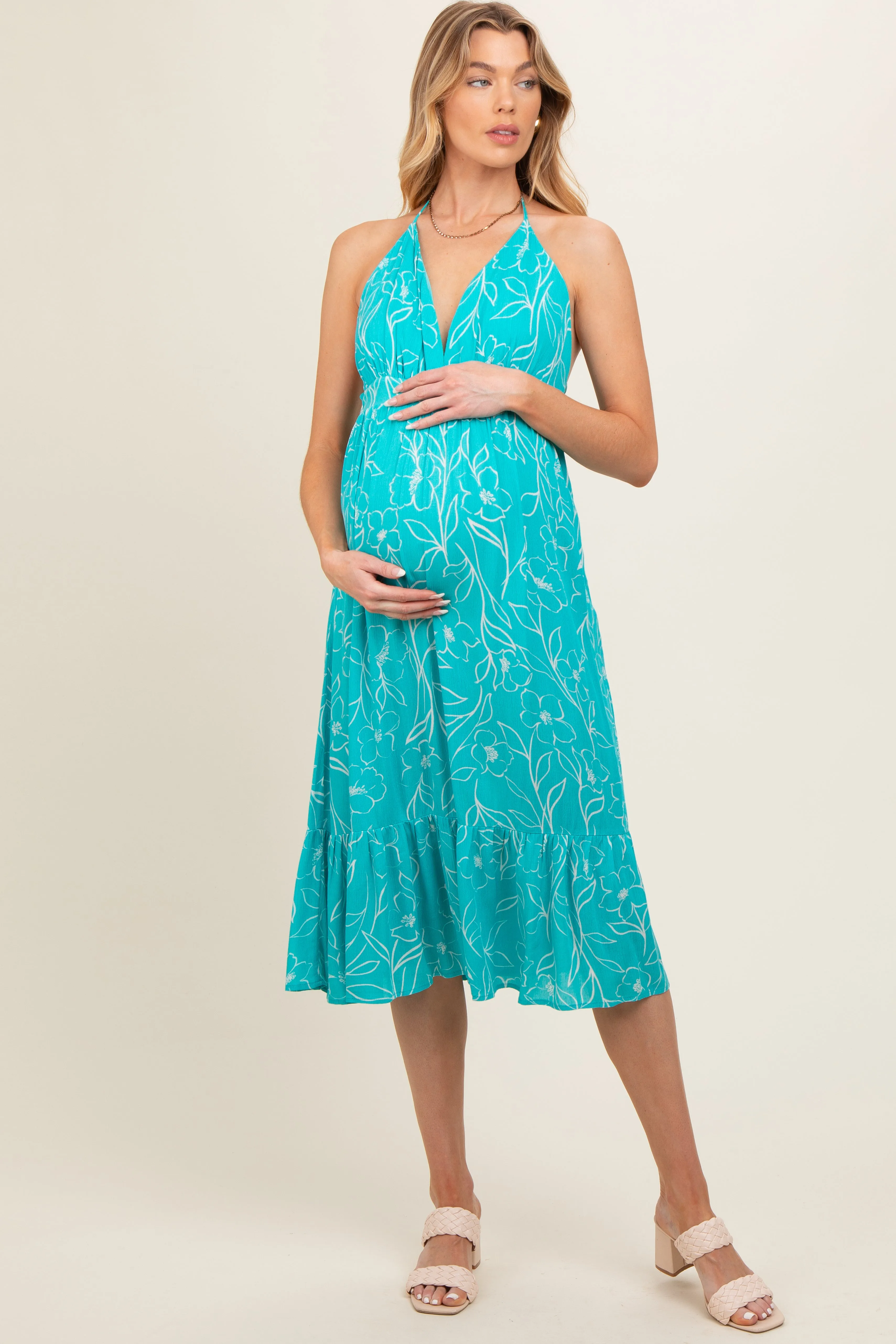 Aqua Floral Sleeveless Halter Neck Open Back Maternity Dress sold by Pinkblush