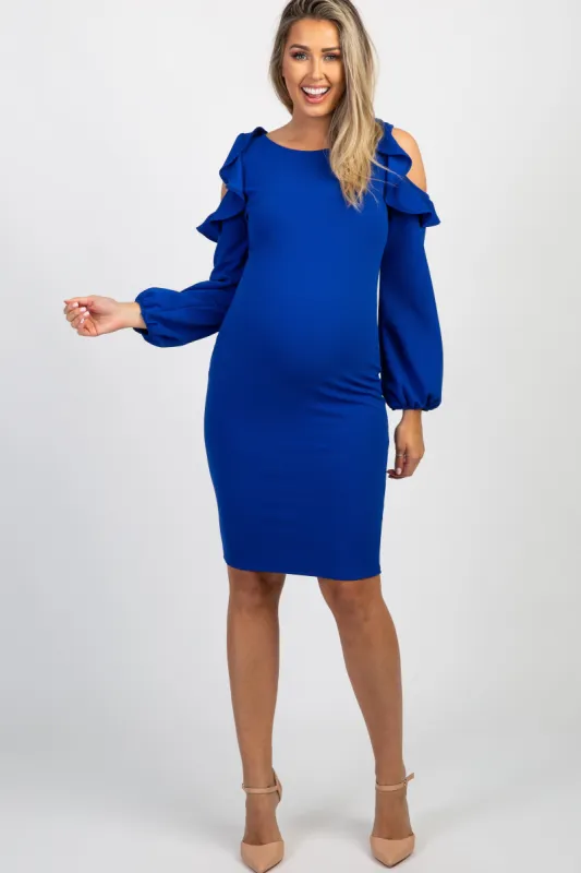 Royal Blue Ruffle Trim Puff Sleeve Maternity Dress sold by Pinkblush