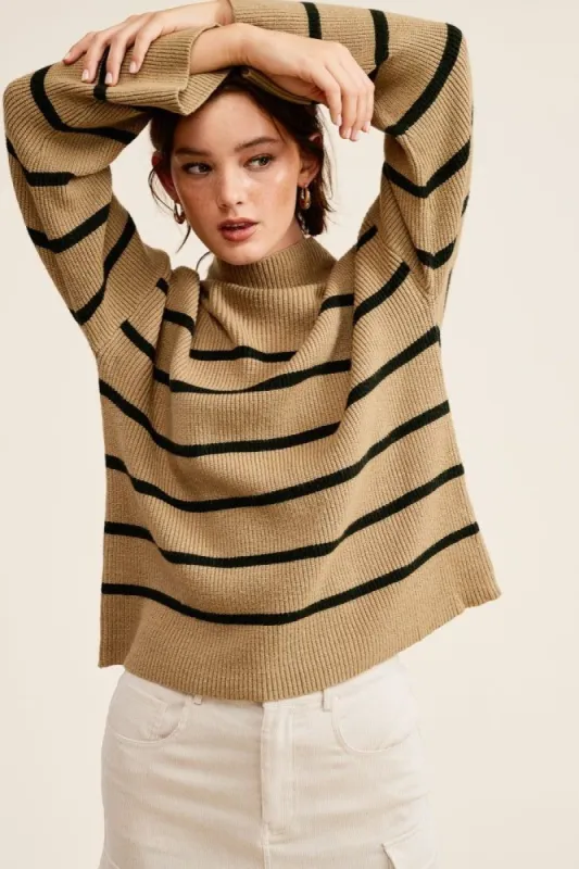 Olive Striped Mock Neck Sweater sold by Pinkblush