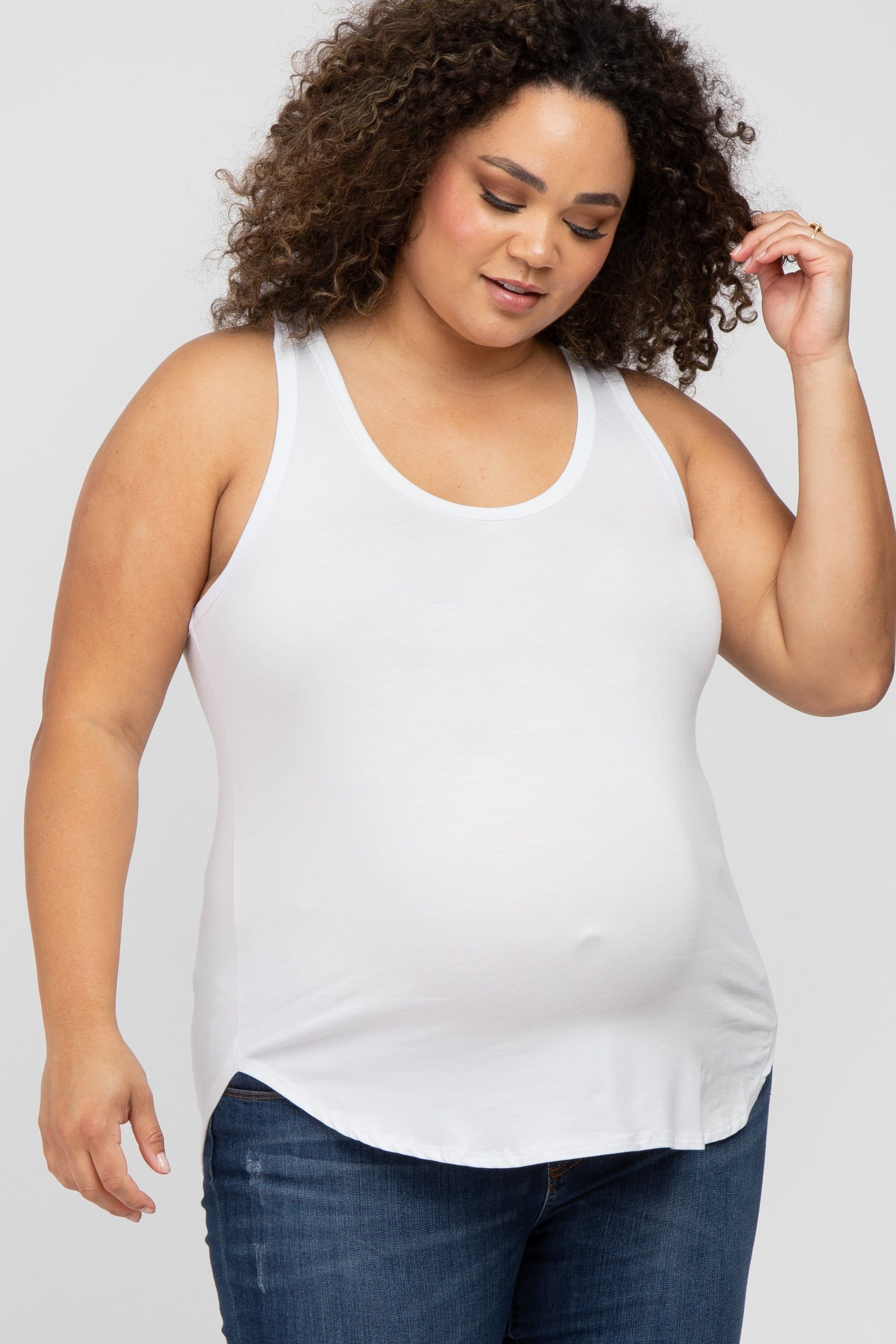 White Racerback Curved Hem Plus Maternity Tank Top sold by Pinkblush
