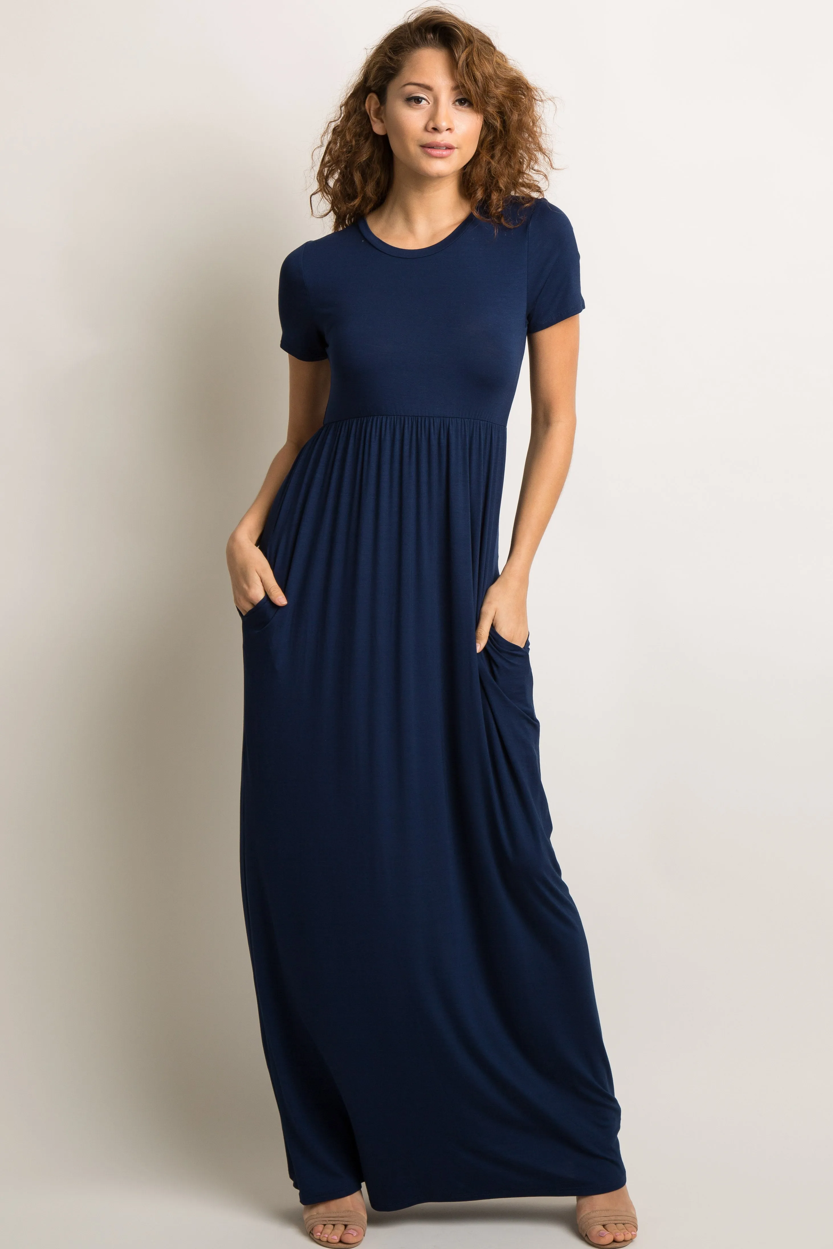 Navy Blue Solid Side Pocket Maternity Maxi Dress sold by Pinkblush product image thumbnail 5