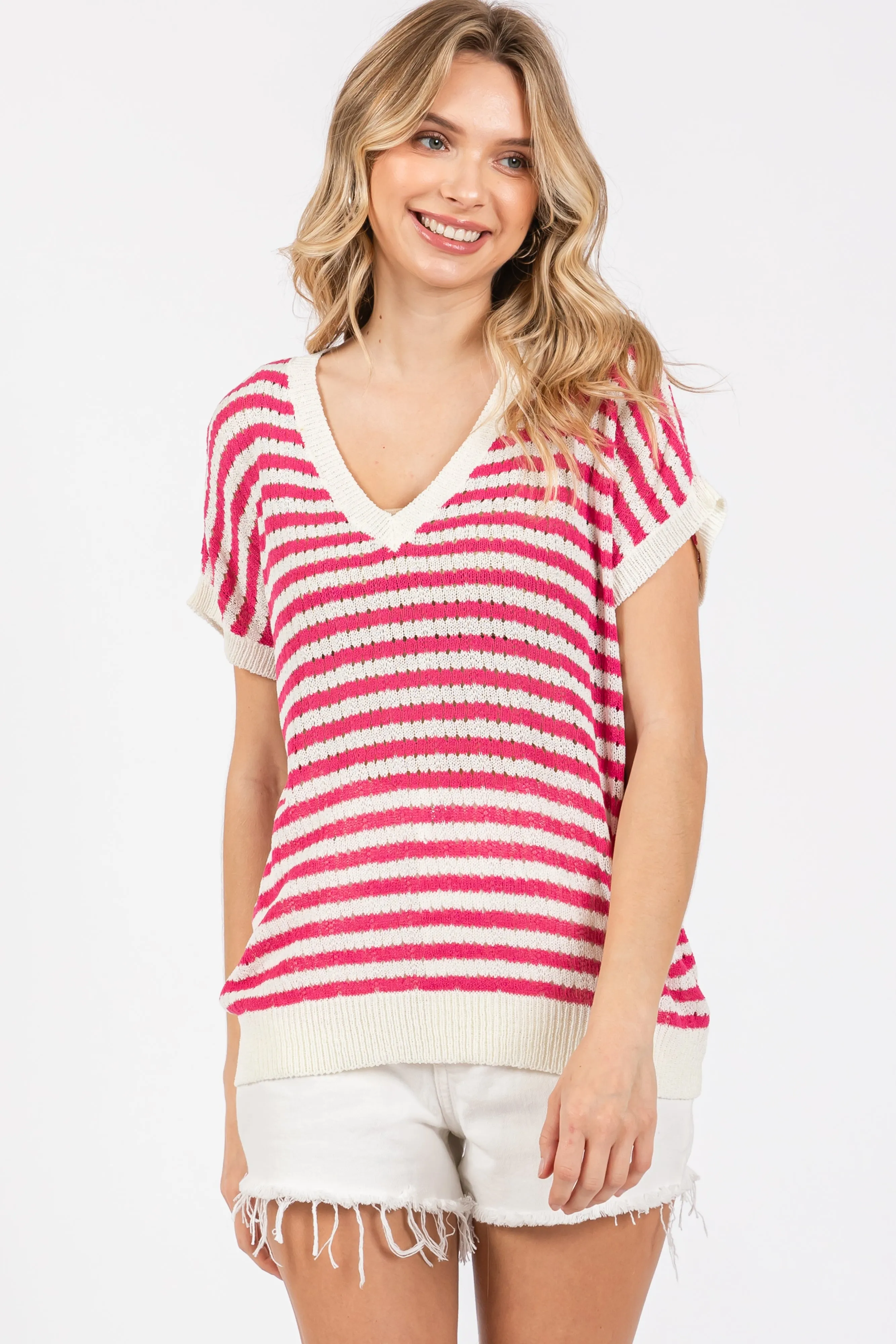 Fuchsia Striped Knit V-Neck Short Sleeve Maternity Top sold by Pinkblush product image thumbnail 4