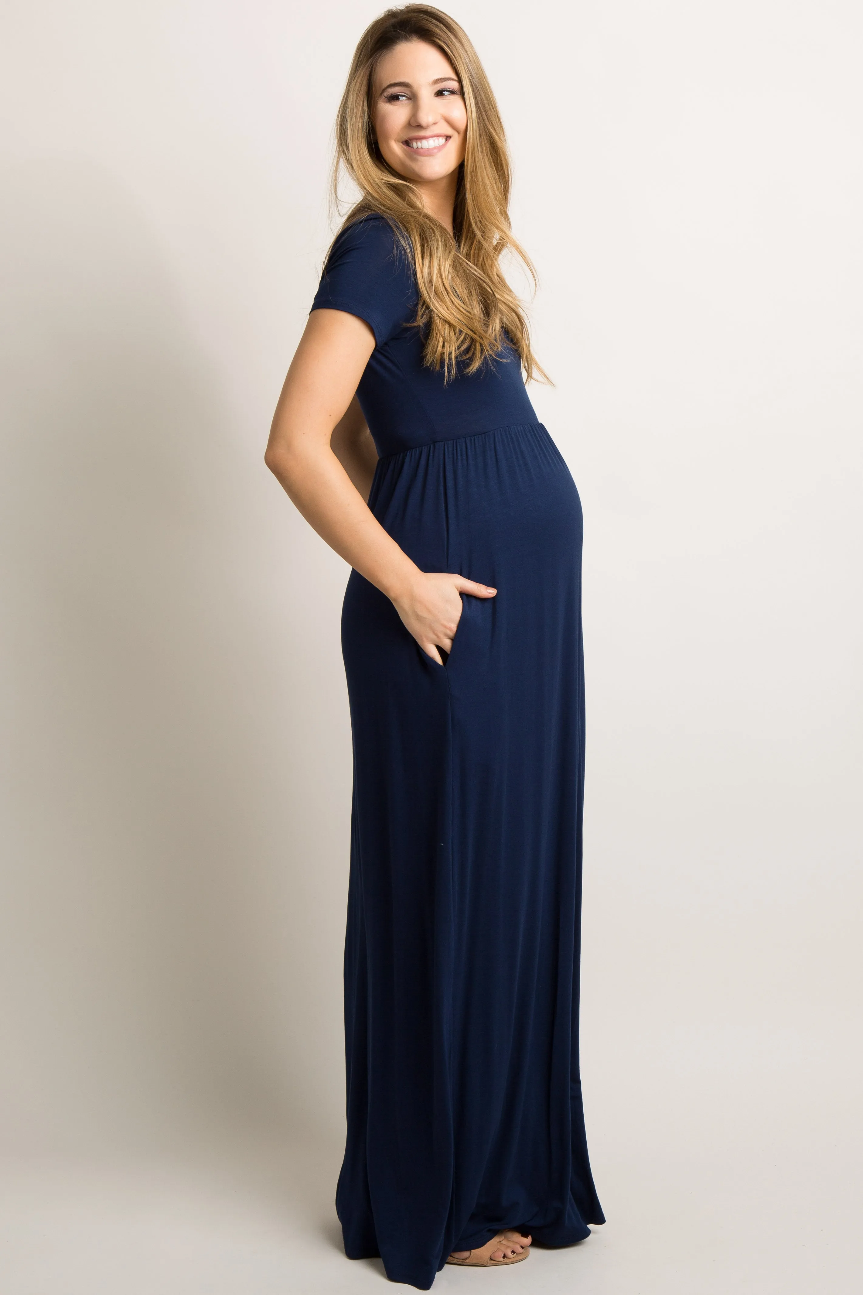 Navy Blue Solid Side Pocket Maternity Maxi Dress sold by Pinkblush product image thumbnail 2