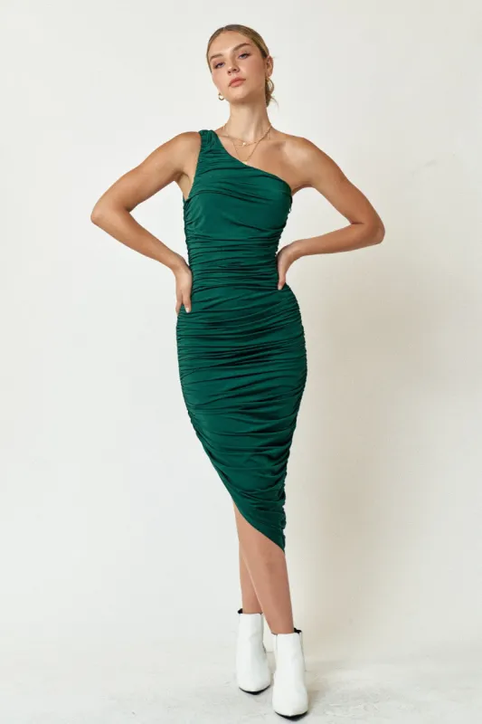 Forest Green Ruched Asymmetrical Maxi Dress sold by Pinkblush