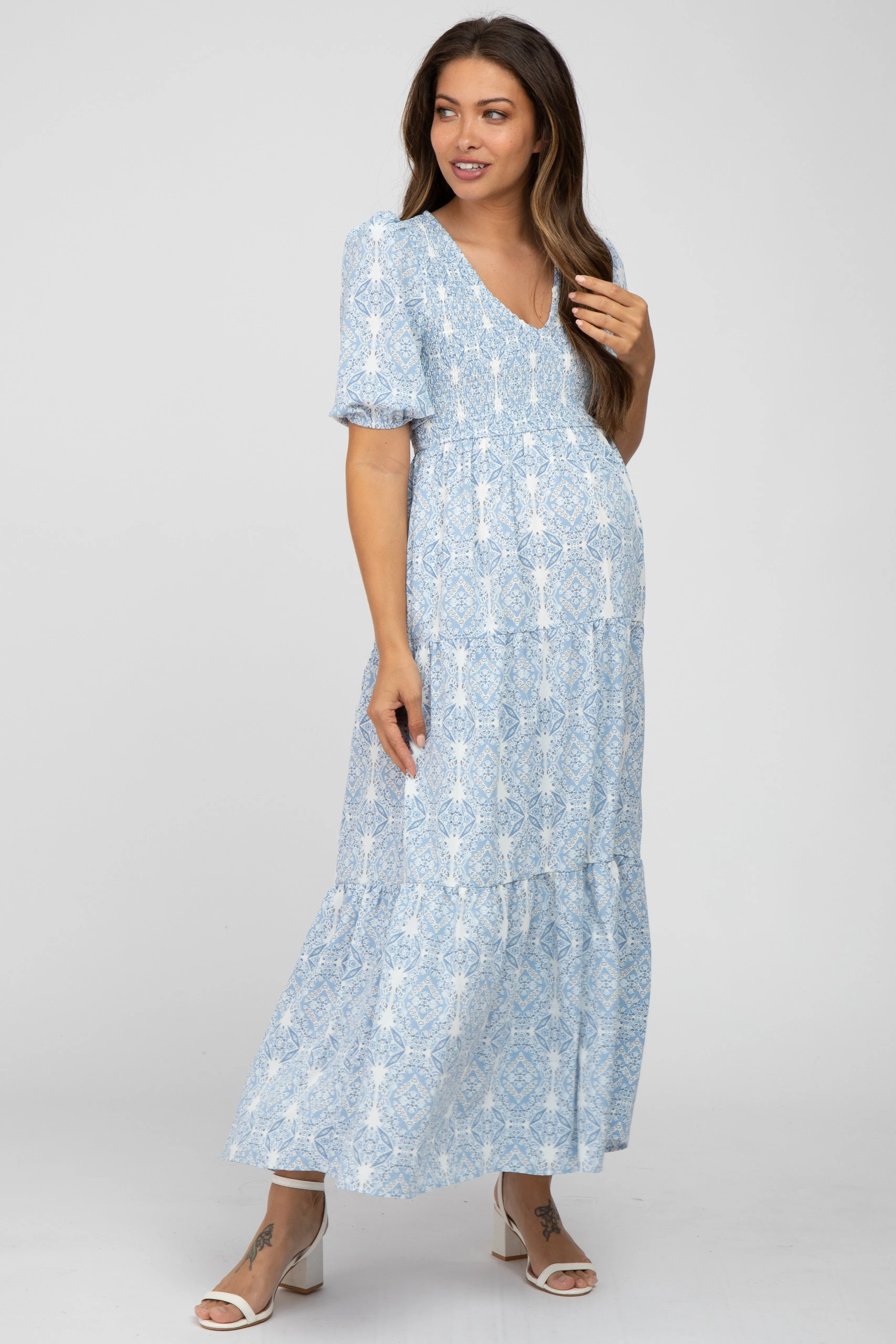Blue Paisley Print Smocked Tiered Maternity Maxi Dress sold by Pinkblush
