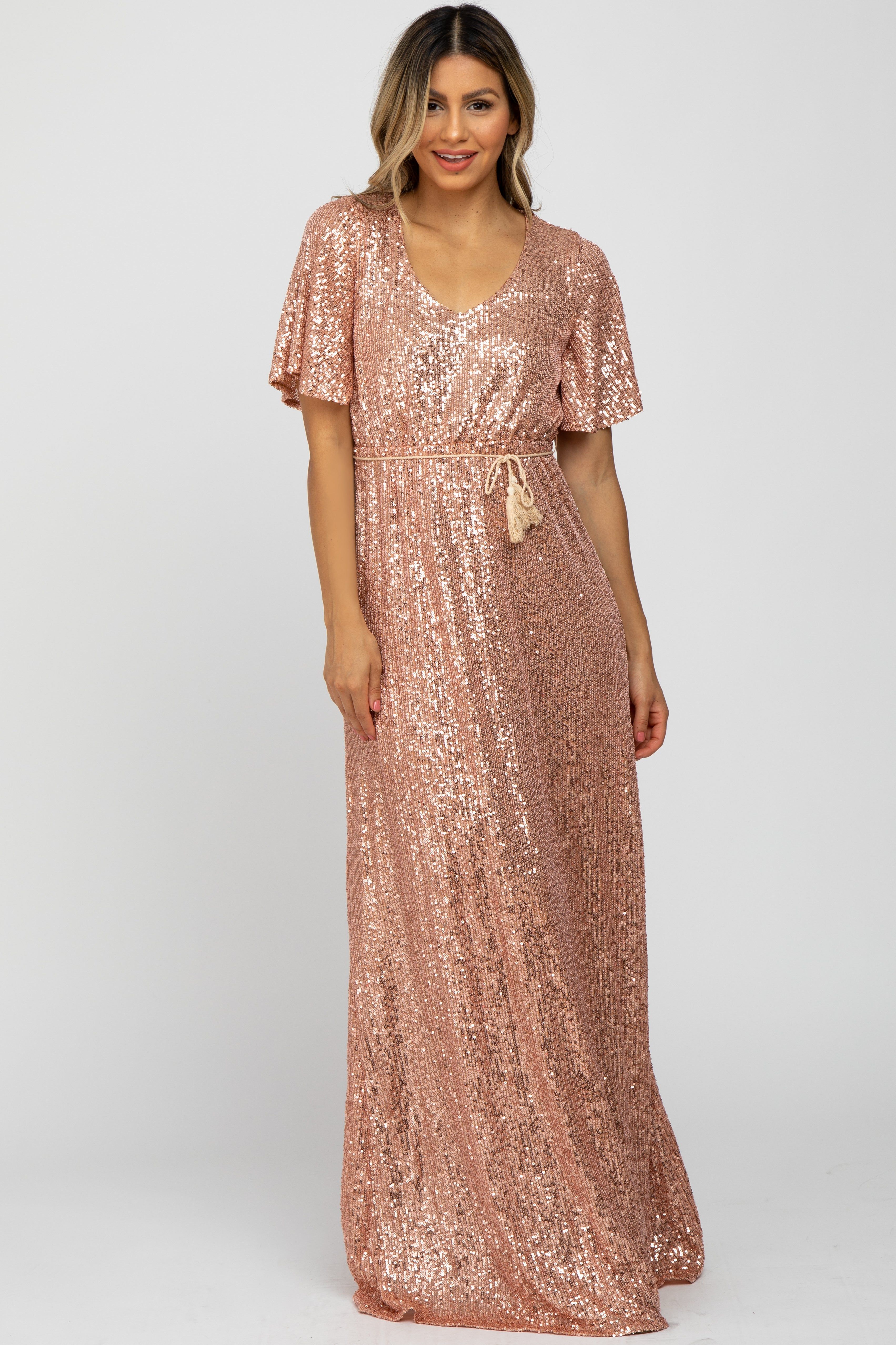 Pink Sequin Short Sleeve Maxi Dress sold by Pinkblush
