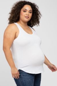 White Racerback Curved Hem Plus Maternity Tank Top sold by Pinkblush