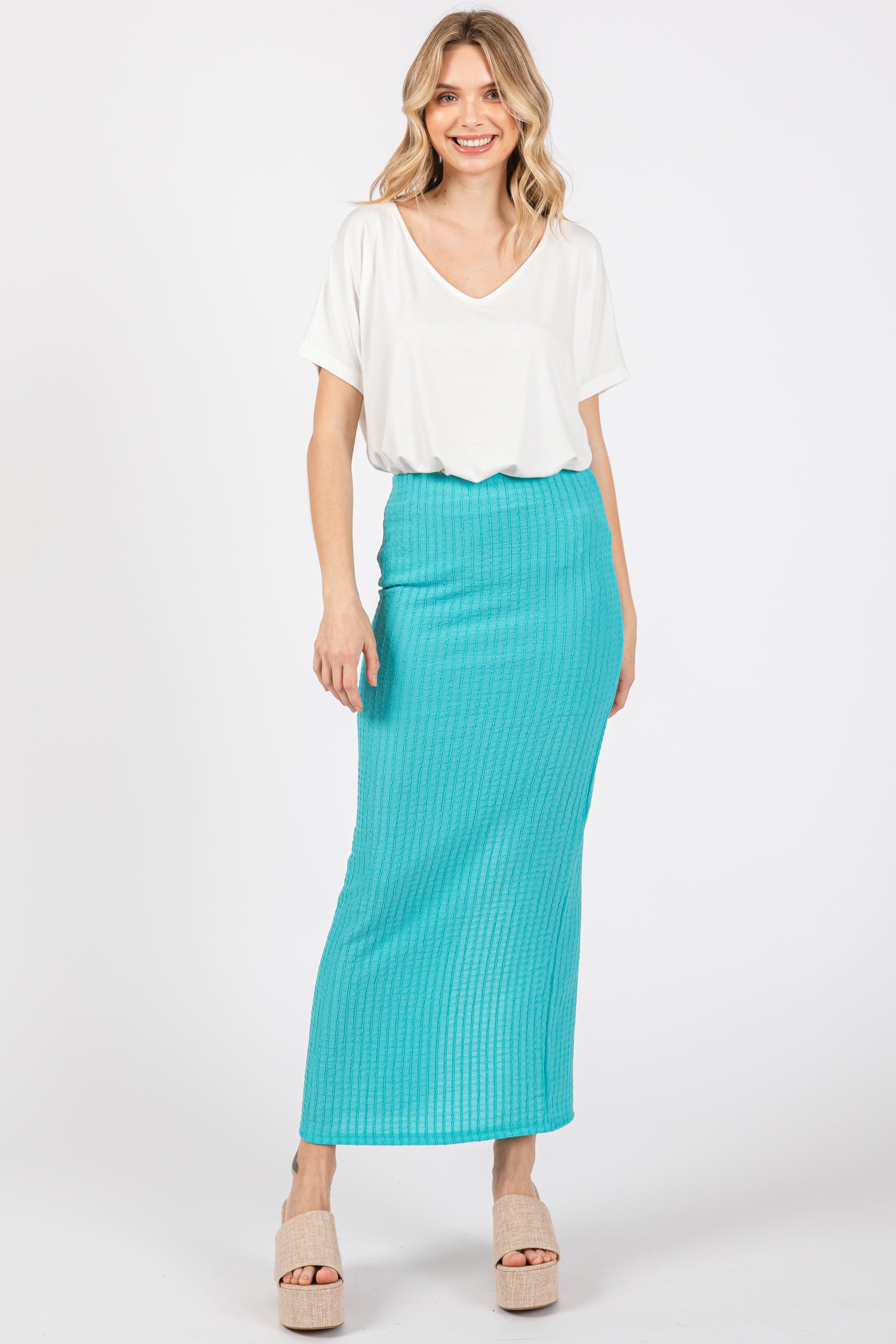 Aqua Textured Slit Midi Skirt sold by Pinkblush