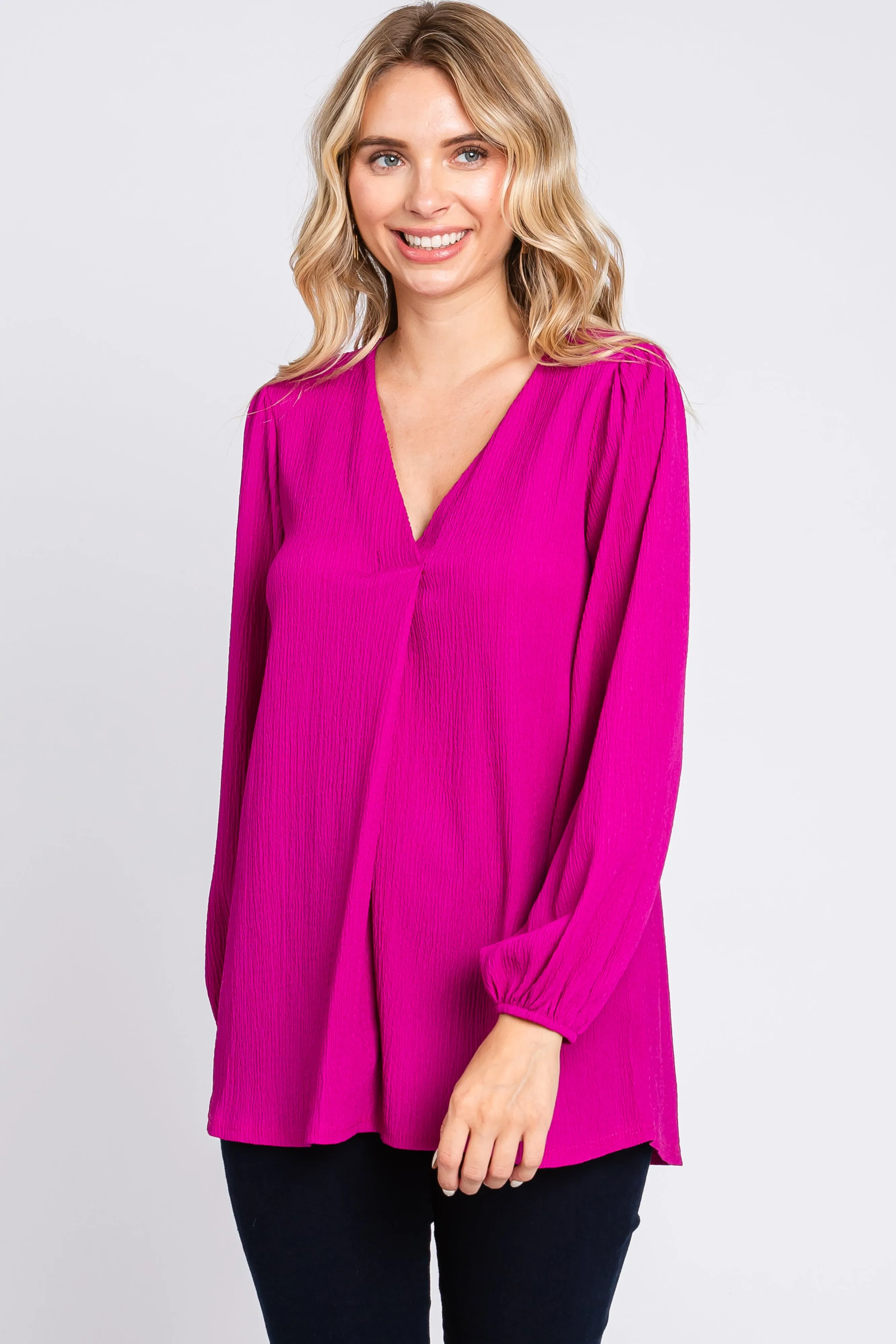 Magenta Textured Long Sleeve Blouse sold by Pinkblush