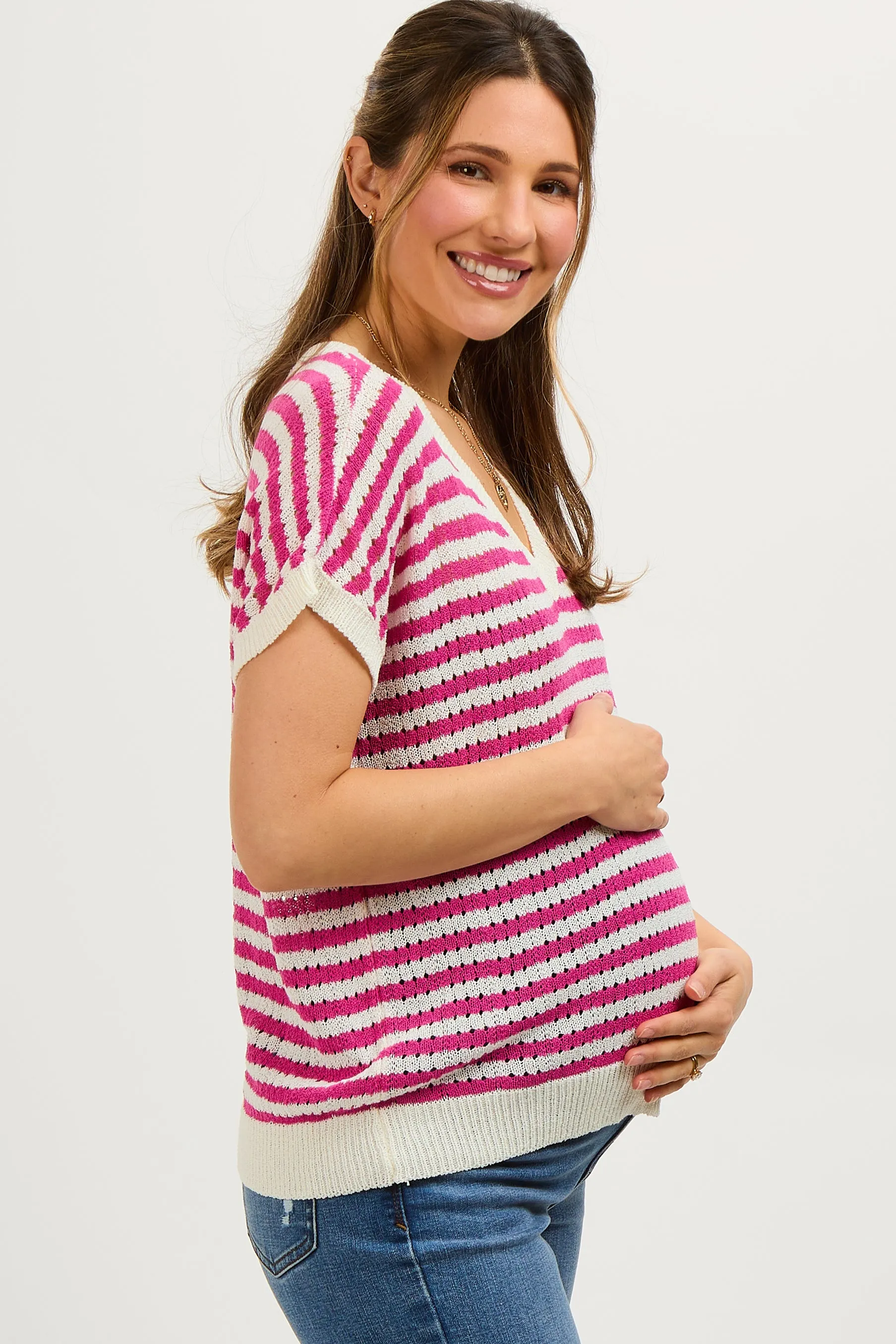 Fuchsia Striped Knit V-Neck Short Sleeve Maternity Top sold by Pinkblush product image thumbnail 2