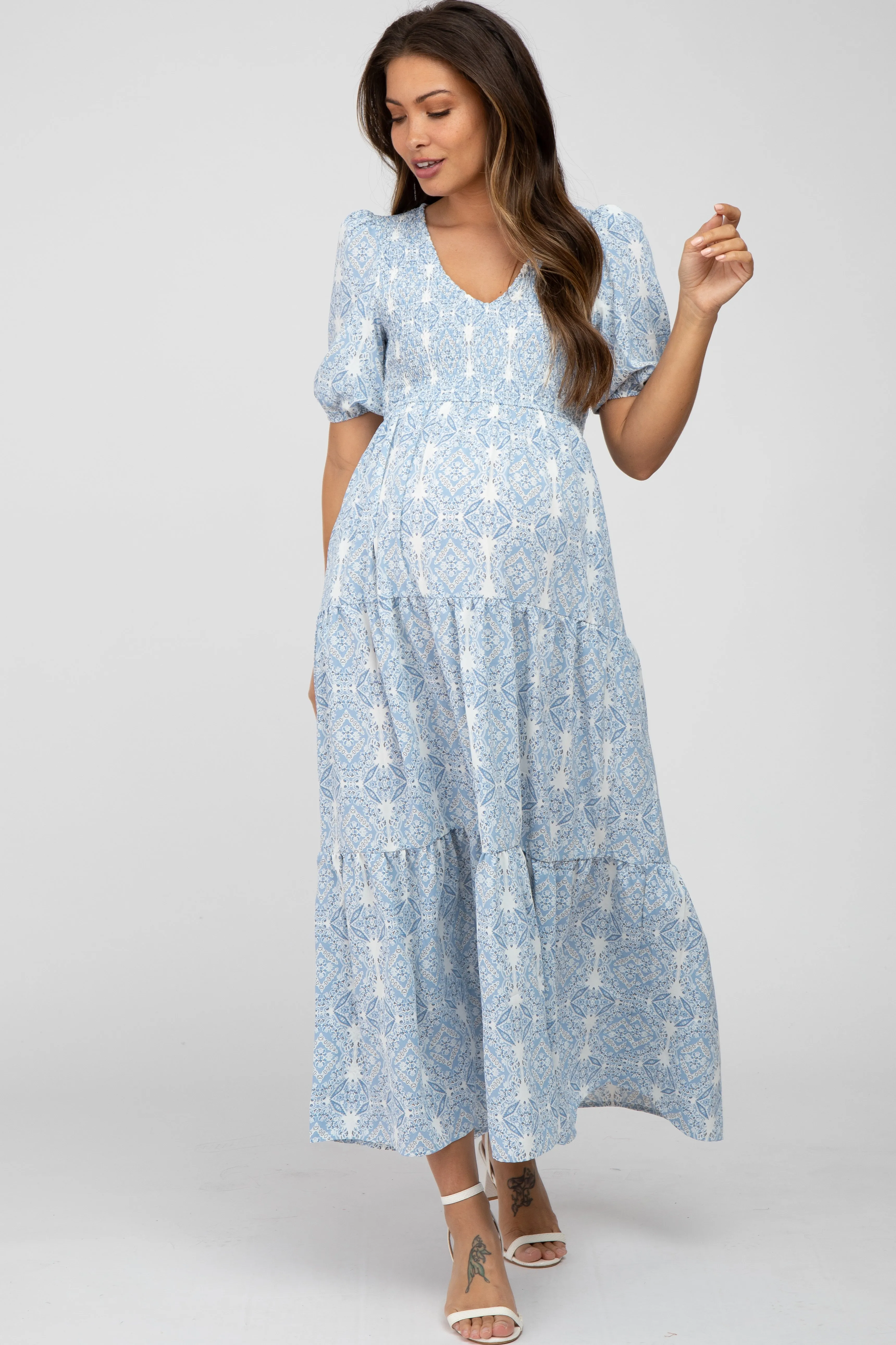 Blue Paisley Print Smocked Tiered Maternity Maxi Dress sold by Pinkblush product image thumbnail 2