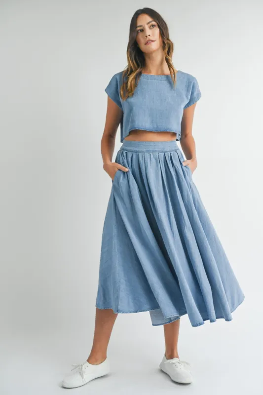 Blue Chambray Crop Top and Skirt Set sold by Pinkblush