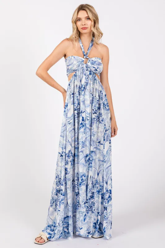 Blue Sweetheart Neck Halter Cut Out Back Maxi Dress sold by Pinkblush