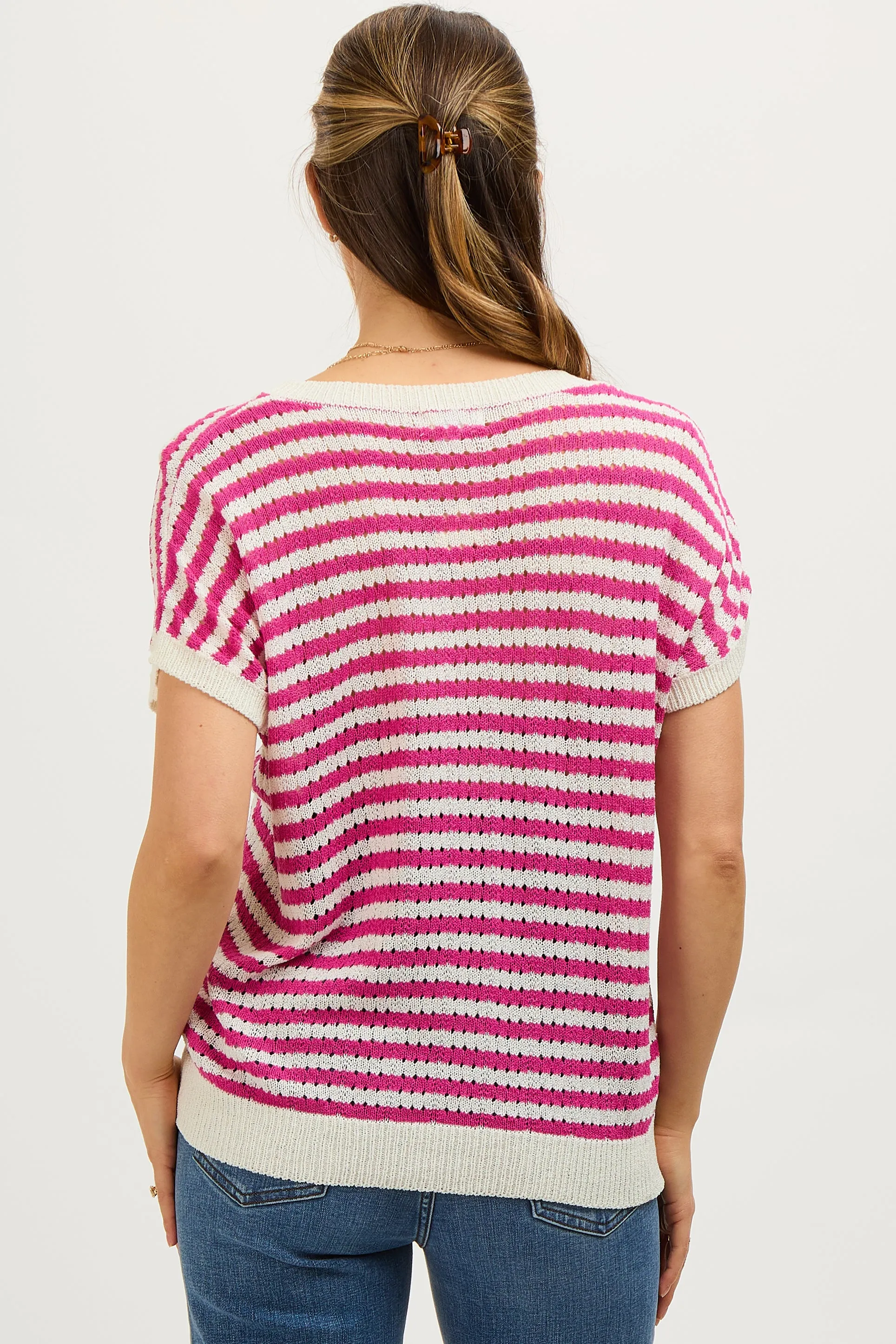 Fuchsia Striped Knit V-Neck Short Sleeve Maternity Top sold by Pinkblush product image thumbnail 3