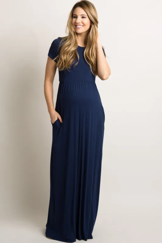 Navy Blue Solid Side Pocket Maternity Maxi Dress sold by Pinkblush