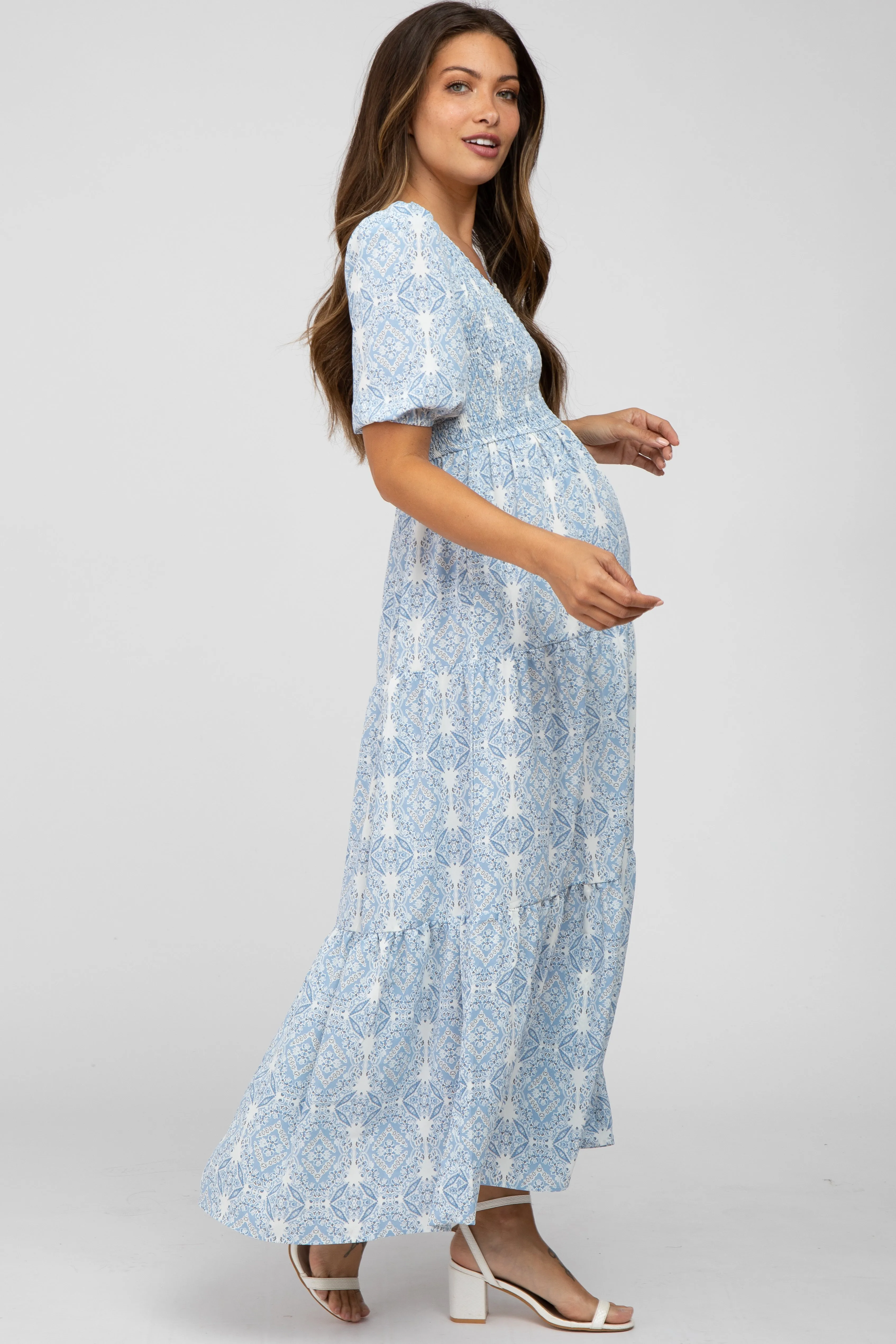Blue Paisley Print Smocked Tiered Maternity Maxi Dress sold by Pinkblush product image thumbnail 3