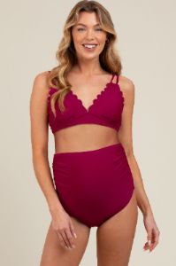 Magenta Scalloped V-Neck High Waist Two-Piece Maternity Swimsuit sold by Pinkblush