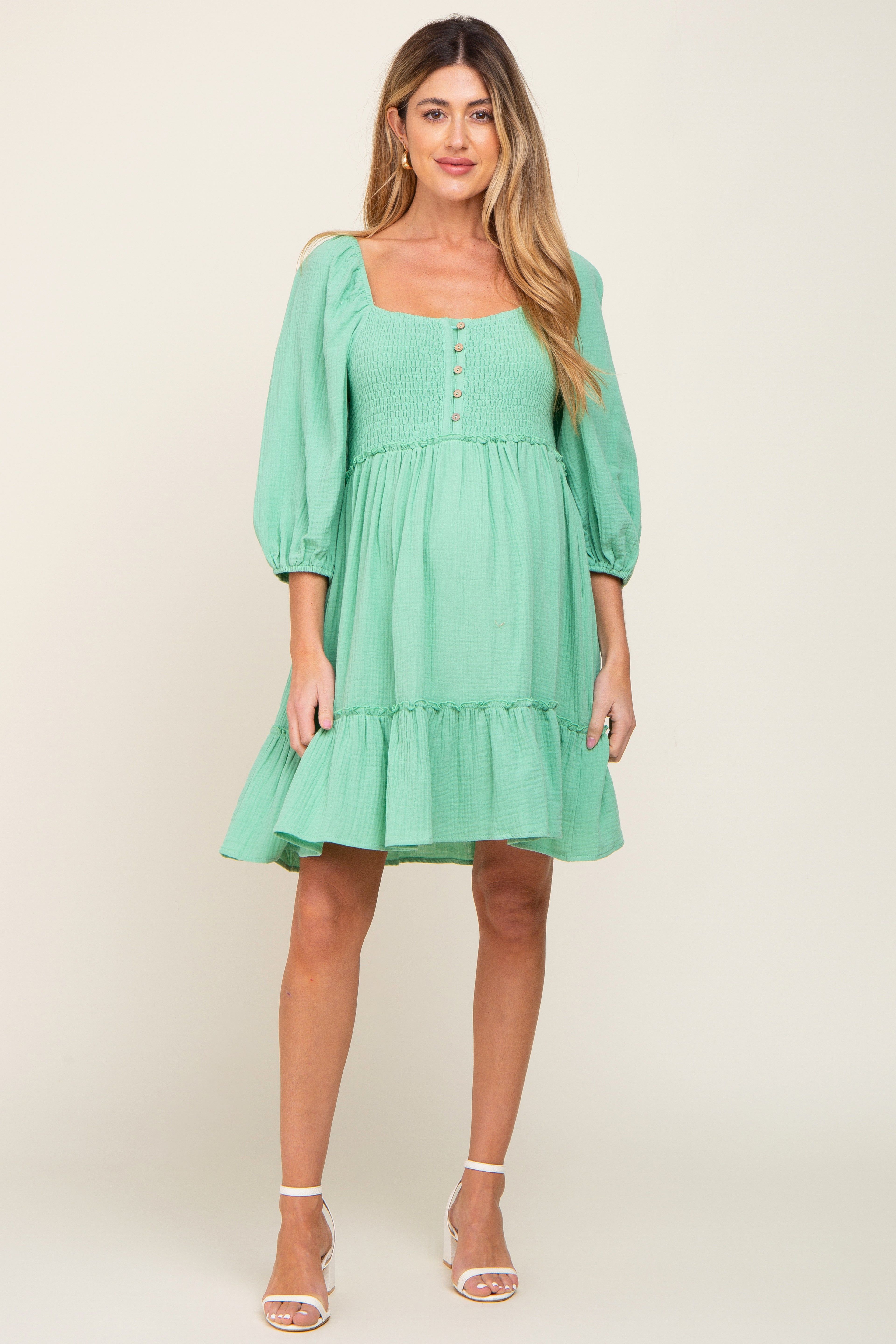 Mint Green Smocked Button Front Maternity Dress sold by Pinkblush product image thumbnail 4