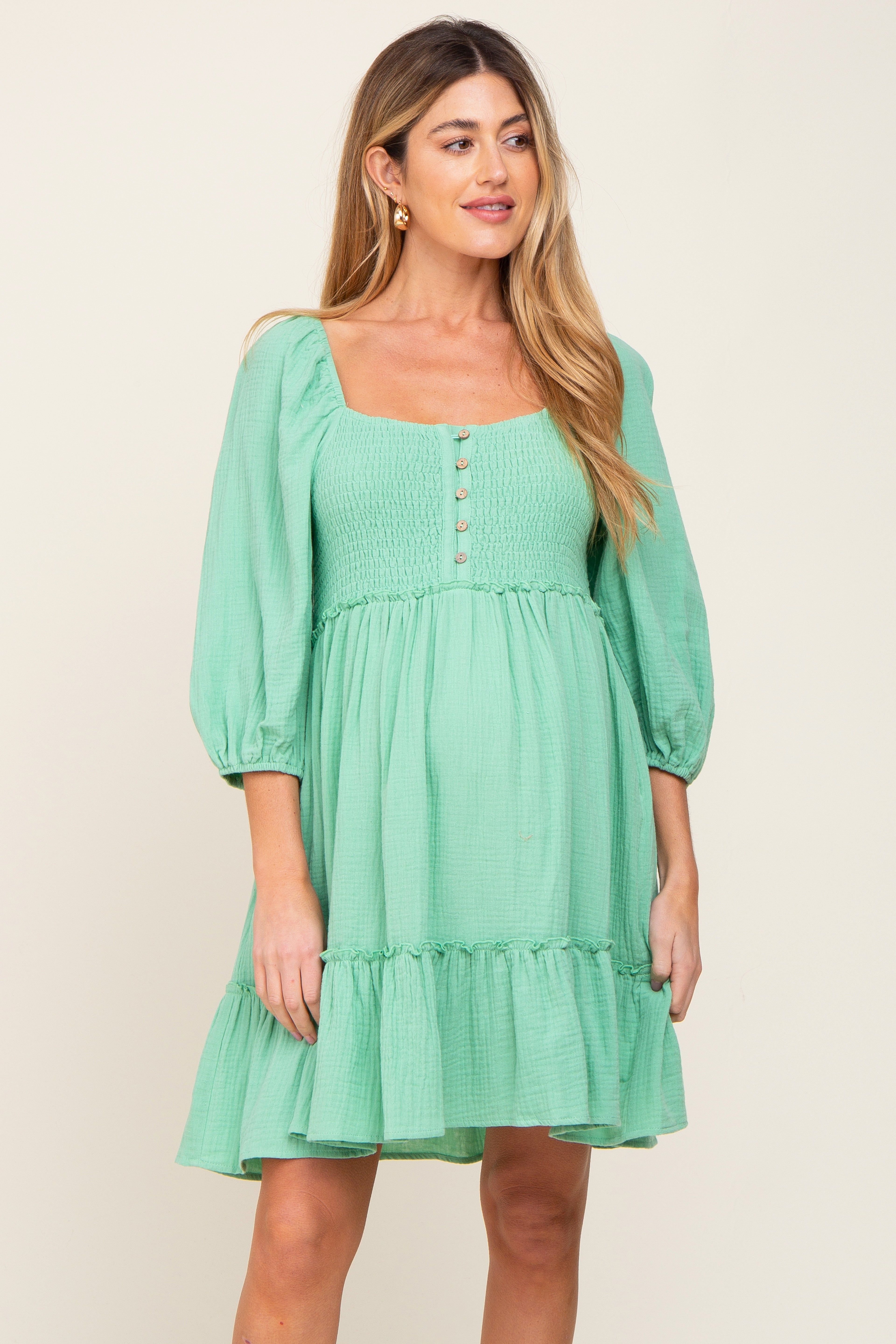 Mint Green Smocked Button Front Maternity Dress sold by Pinkblush